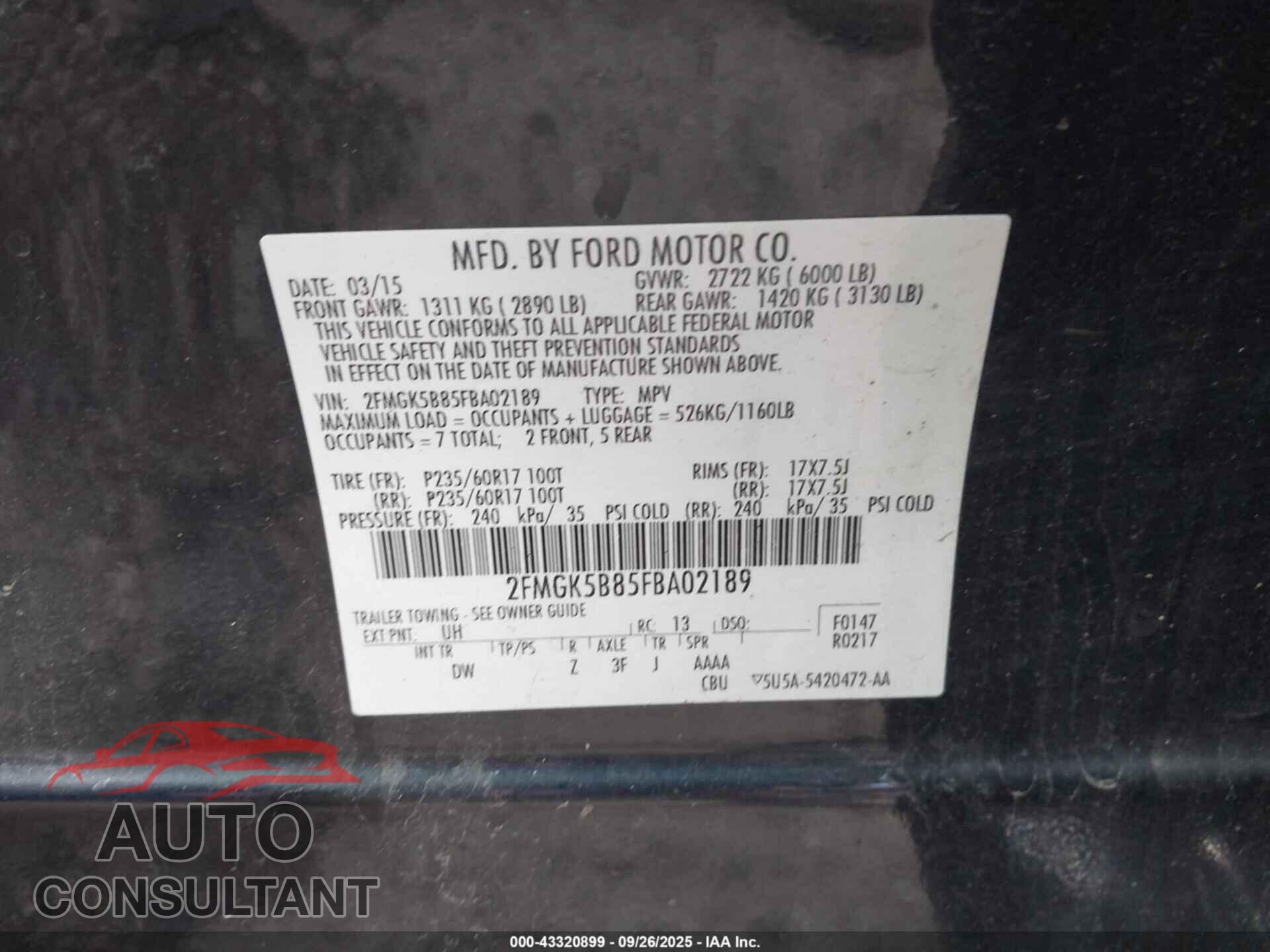 FORD FLEX 2015 - 2FMGK5B85FBA02189