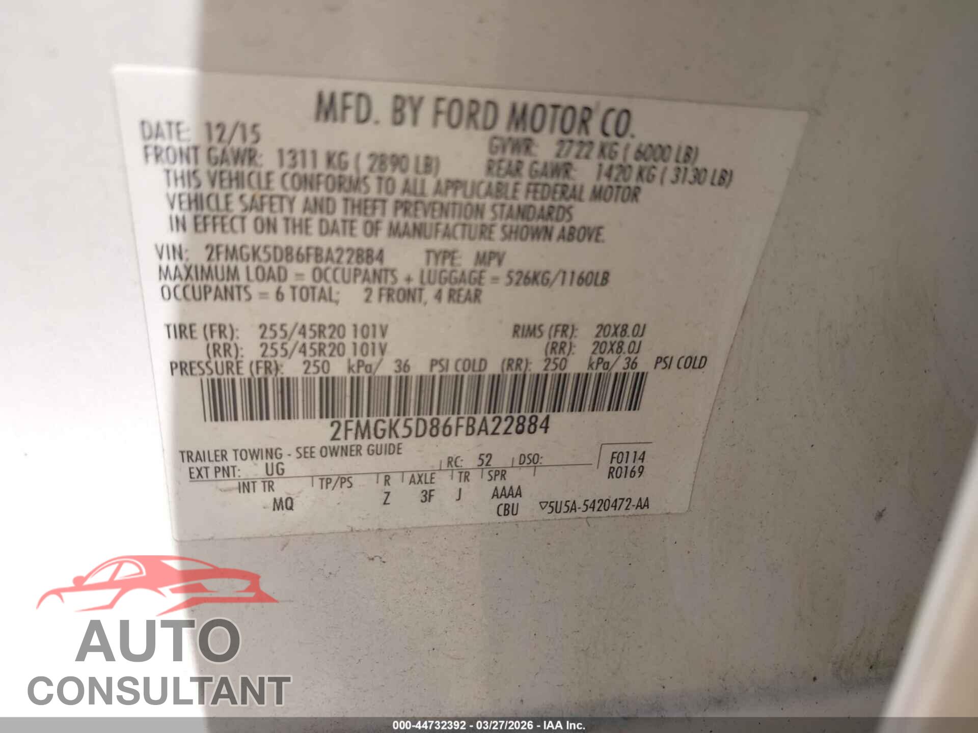 FORD FLEX 2015 - 2FMGK5D86FBA22884