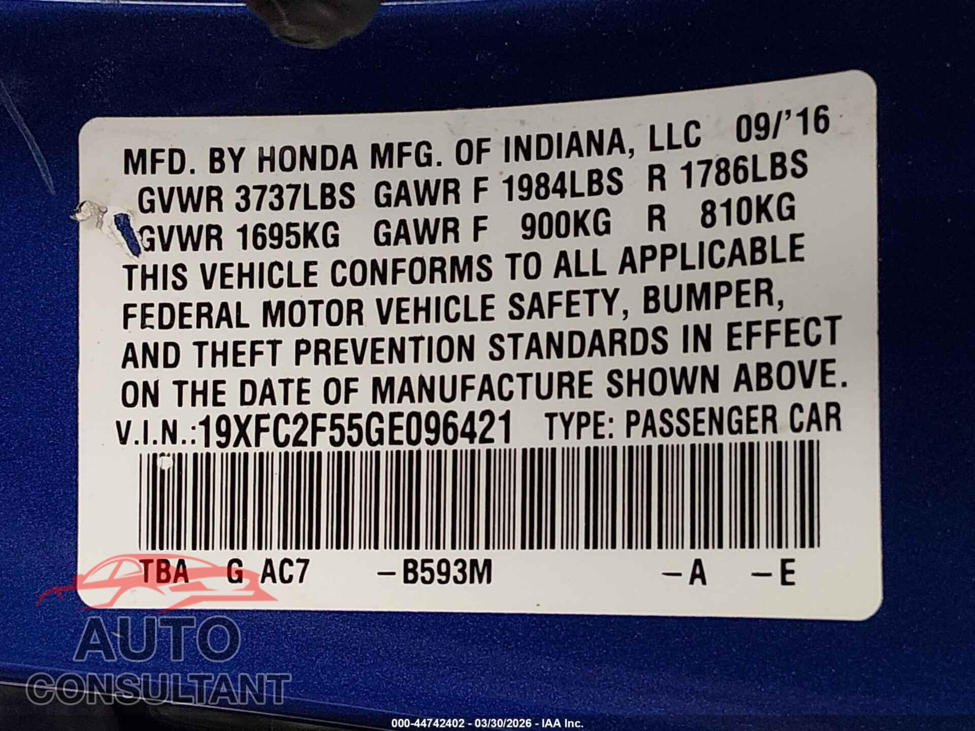 HONDA CIVIC 2016 - 19XFC2F55GE096421