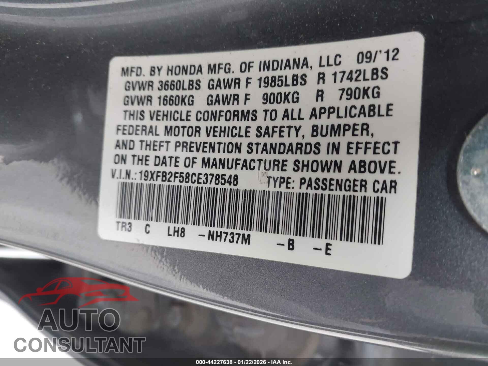HONDA CIVIC 2012 - 19XFB2F58CE378548