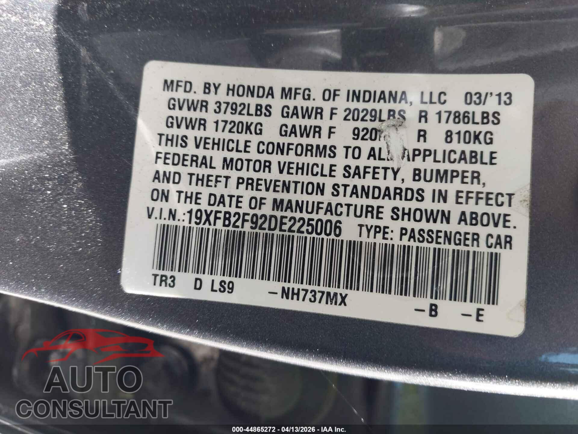 HONDA CIVIC 2013 - 19XFB2F92DE225006