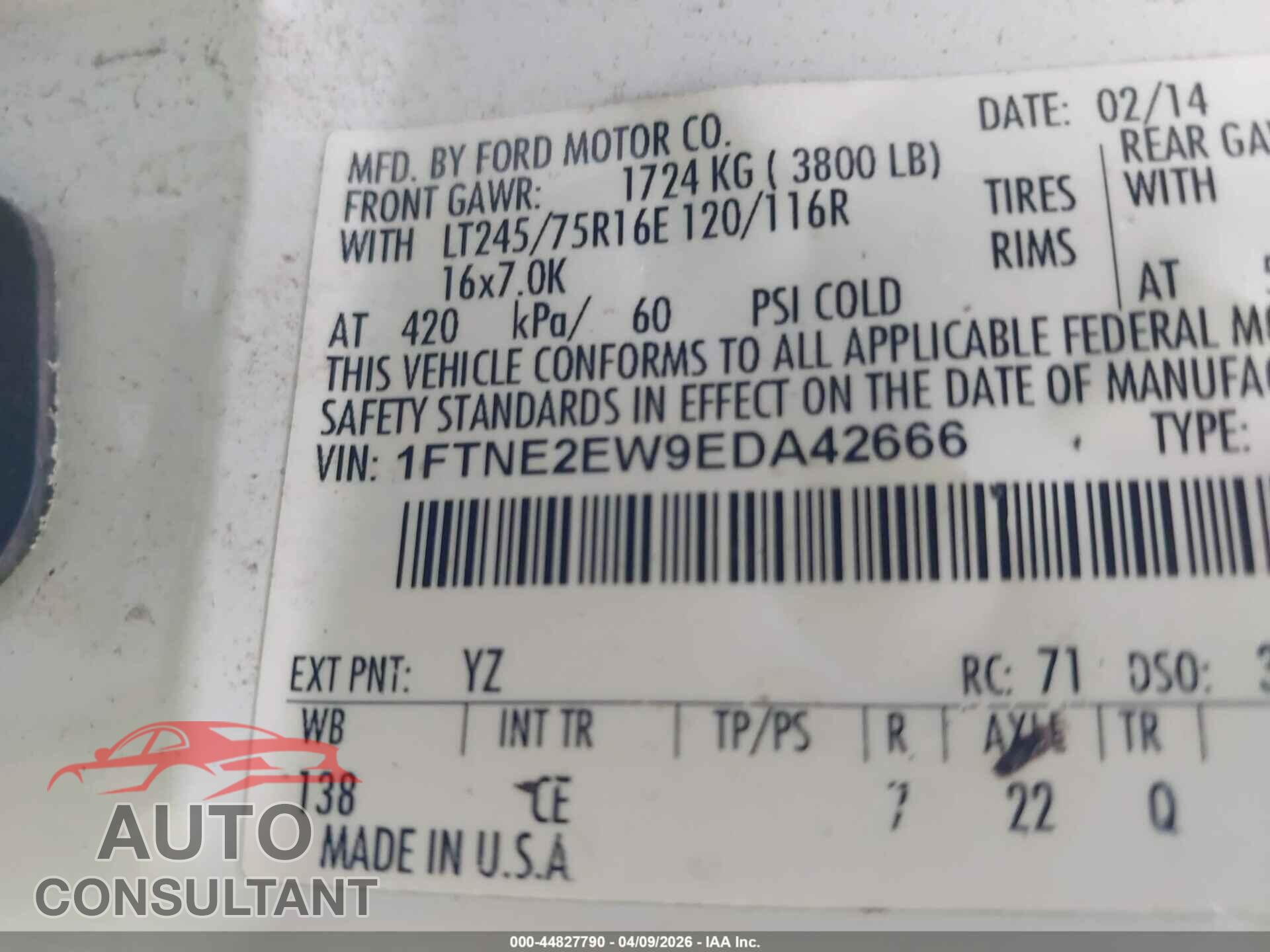 FORD E-250 2014 - 1FTNE2EW9EDA42666