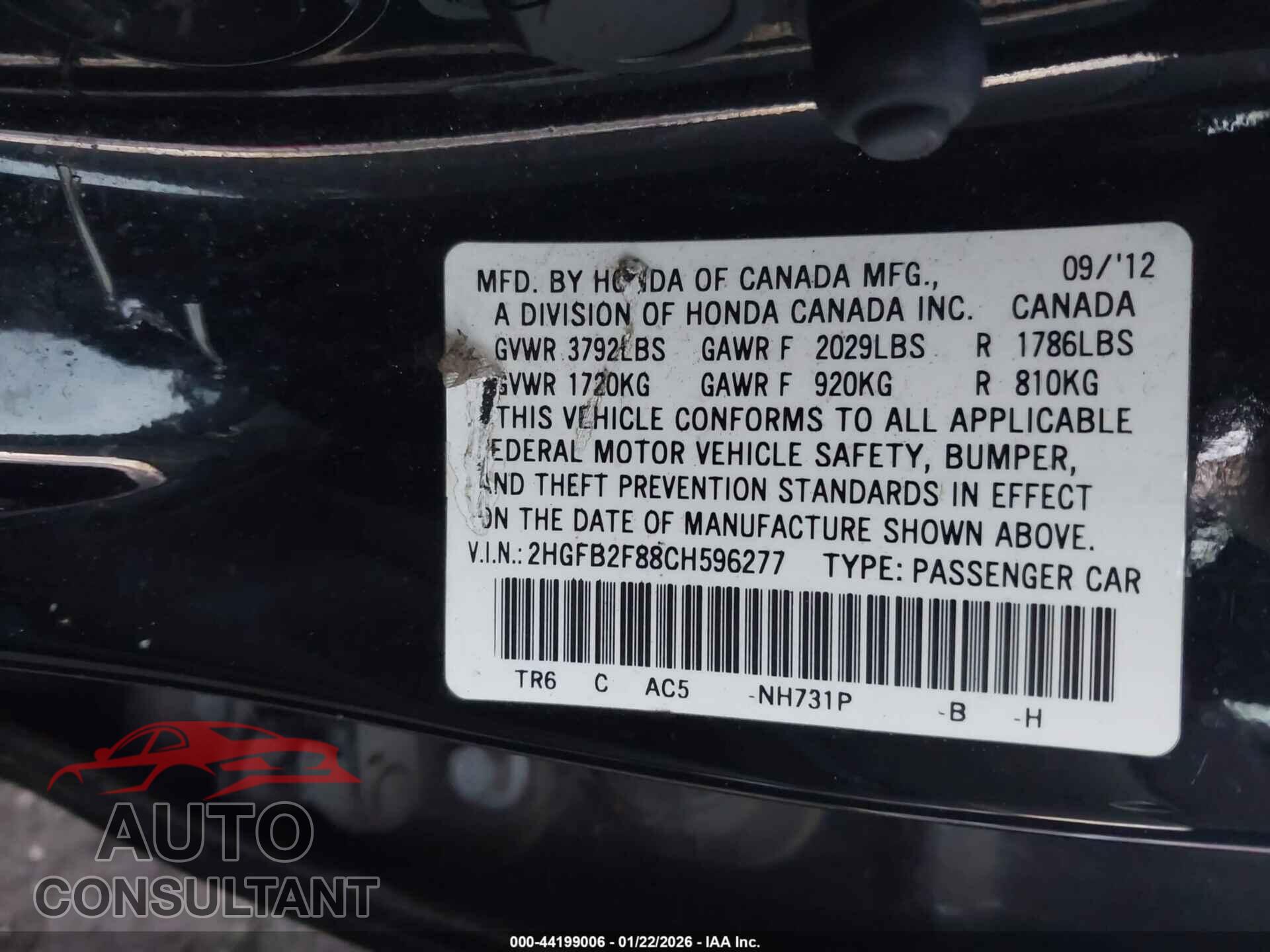 HONDA CIVIC 2012 - 2HGFB2F88CH596277