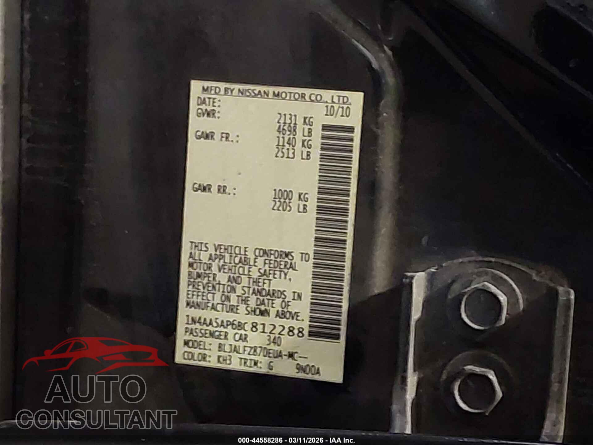 NISSAN MAXIMA 2011 - 1N4AA5AP6BC812288