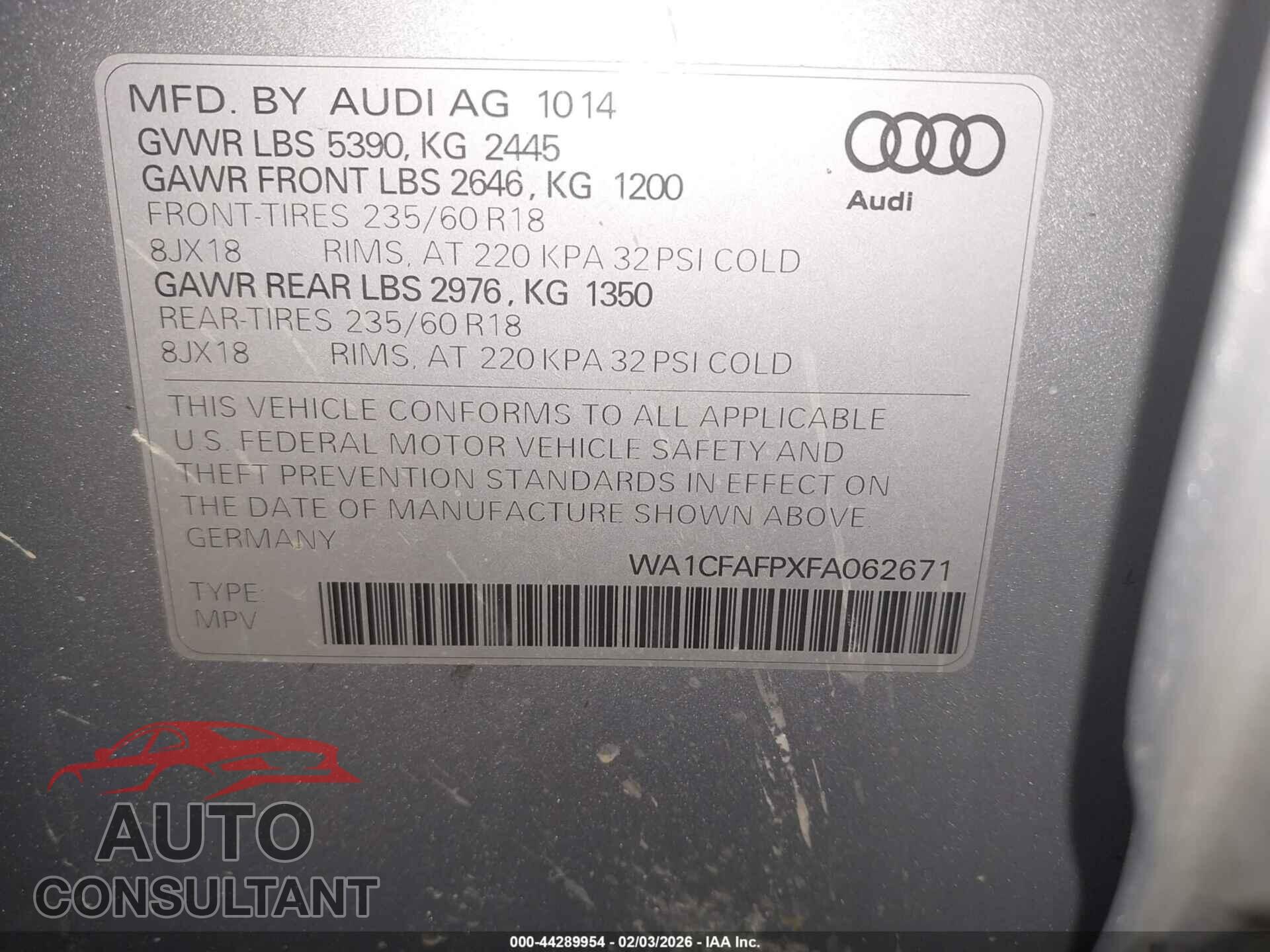 AUDI Q5 2015 - WA1CFAFPXFA062671