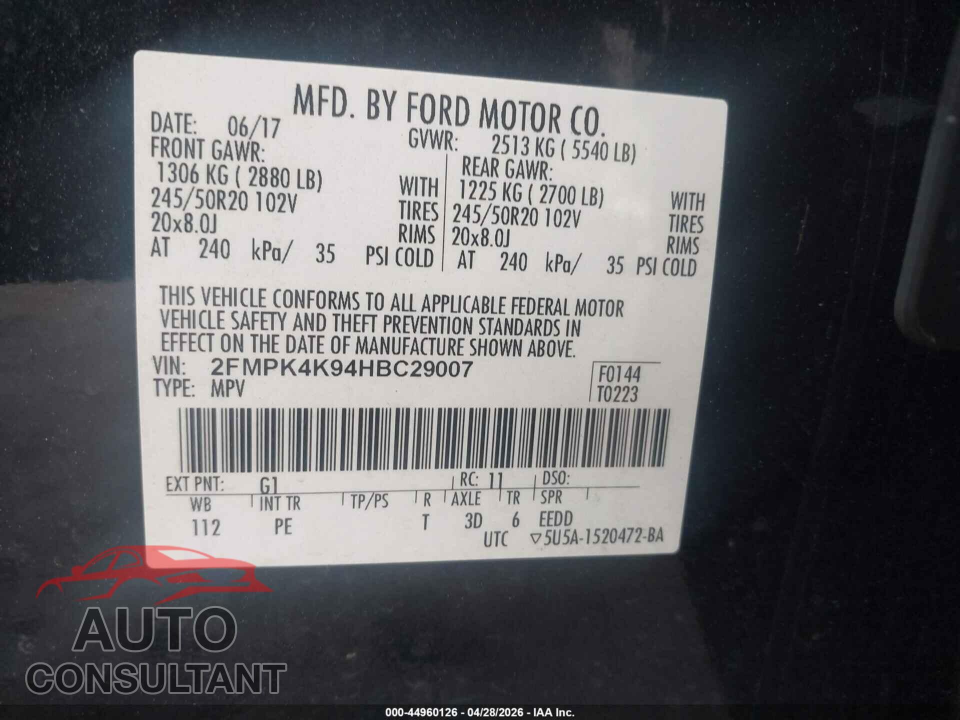 FORD EDGE 2017 - 2FMPK4K94HBC29007
