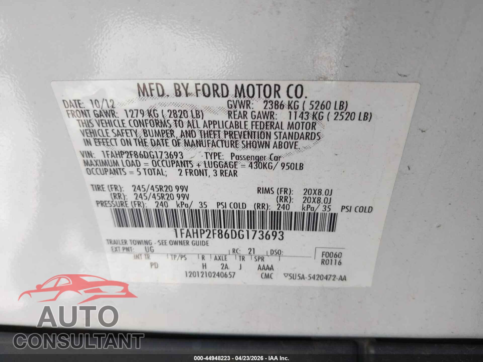 FORD TAURUS 2013 - 1FAHP2F86DG173693