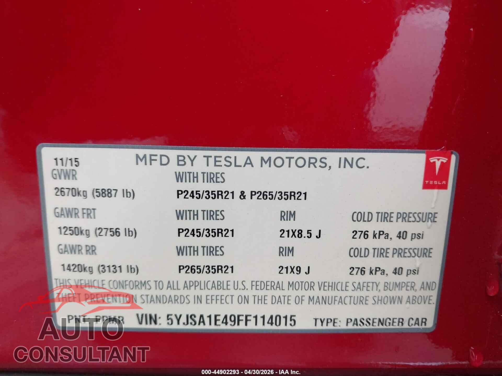 TESLA MODEL S 2015 - 5YJSA1E49FF114015