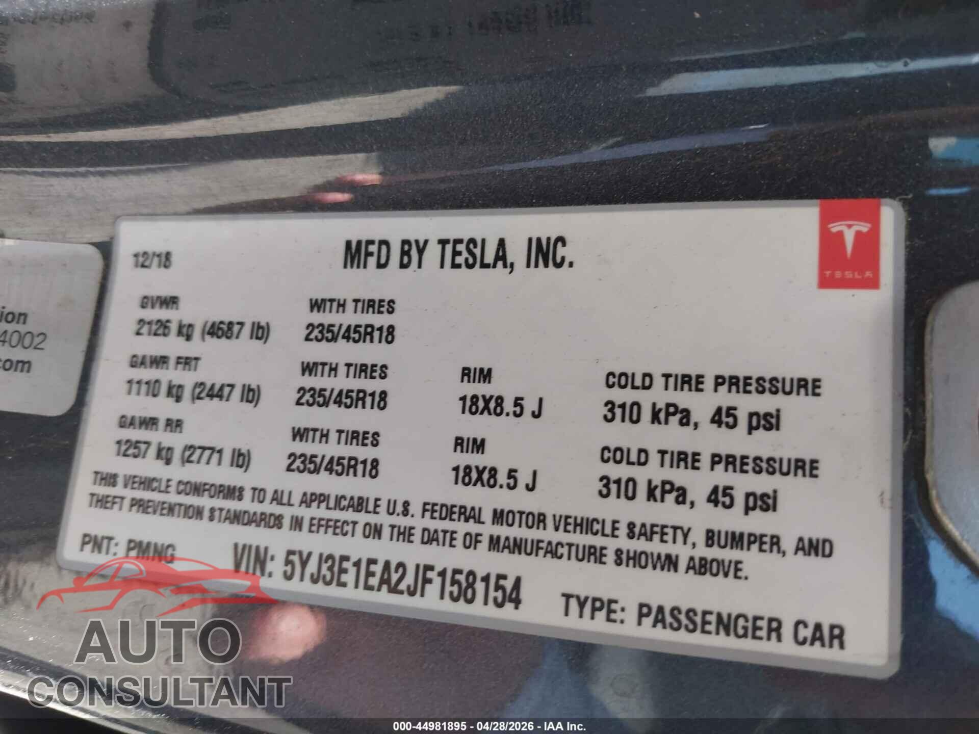TESLA MODEL 3 2018 - 5YJ3E1EA2JF158154