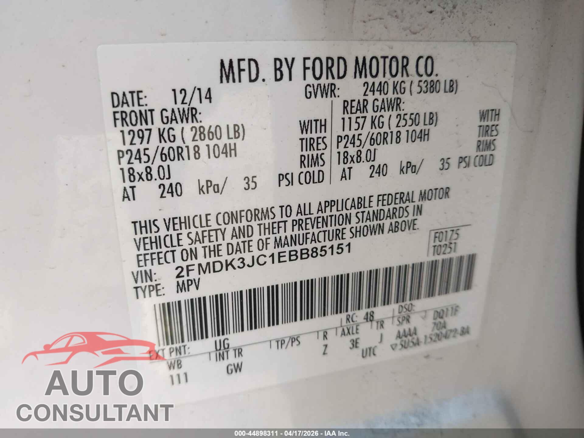 FORD EDGE 2014 - 2FMDK3JC1EBB85151