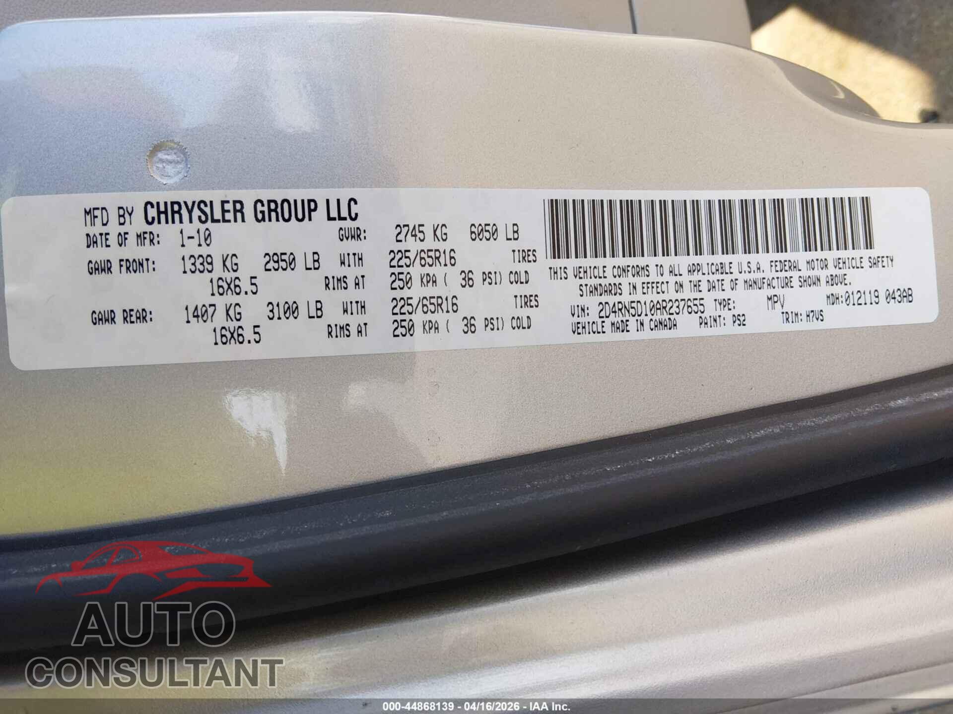 DODGE GRAND CARAVAN 2010 - 2D4RN5D10AR237655