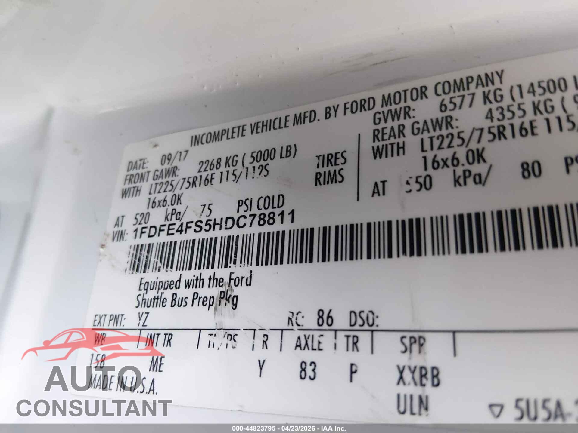 FORD E-450 CUTAWAY 2017 - 1FDFE4FS5HDC78811