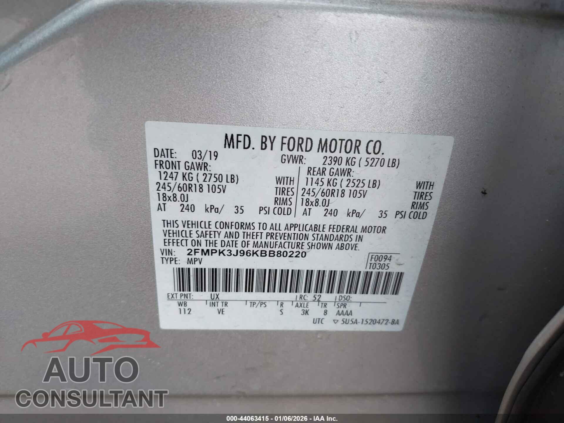 FORD EDGE 2019 - 2FMPK3J96KBB80220