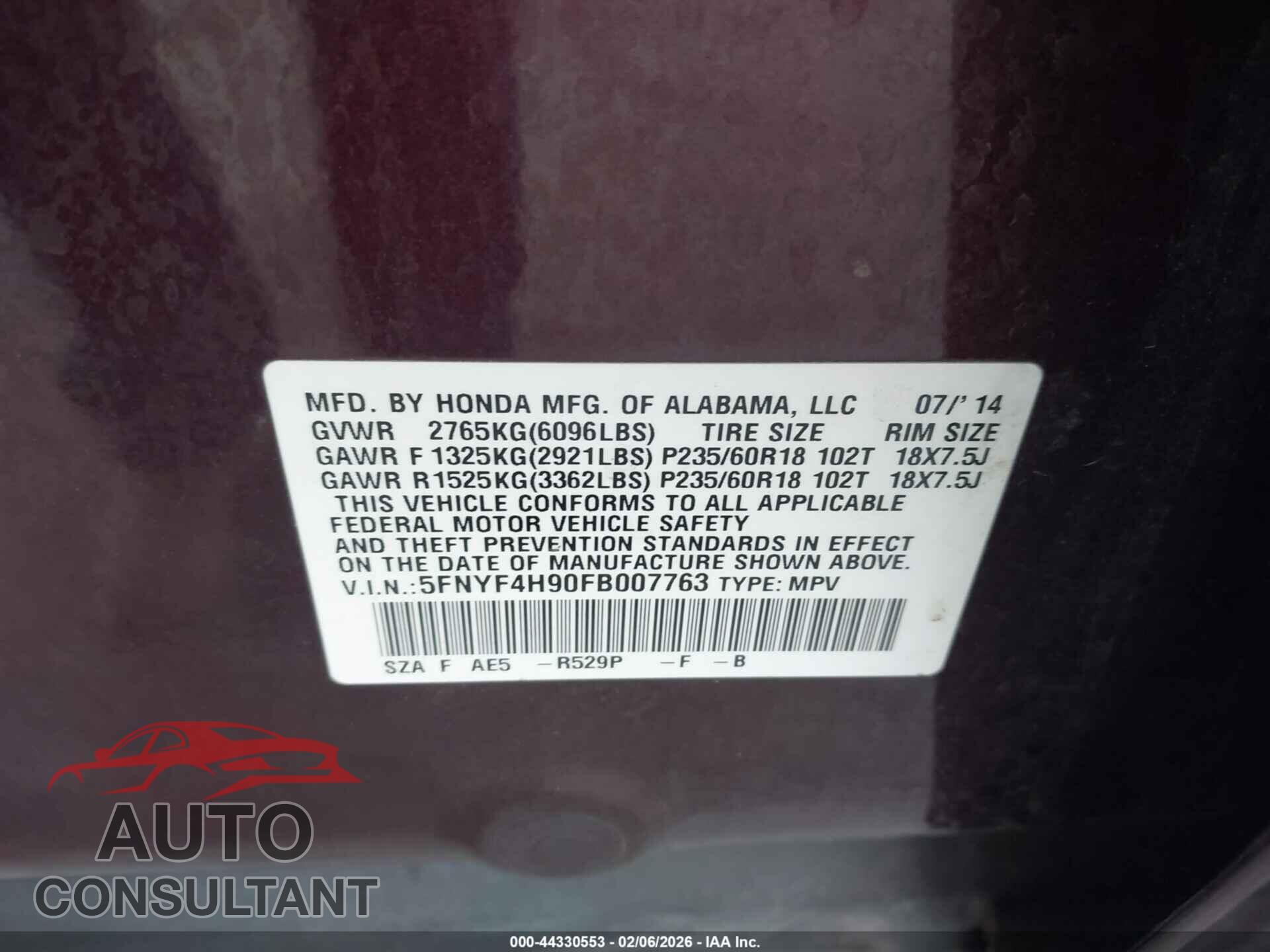 HONDA PILOT 2015 - 5FNYF4H90FB007763