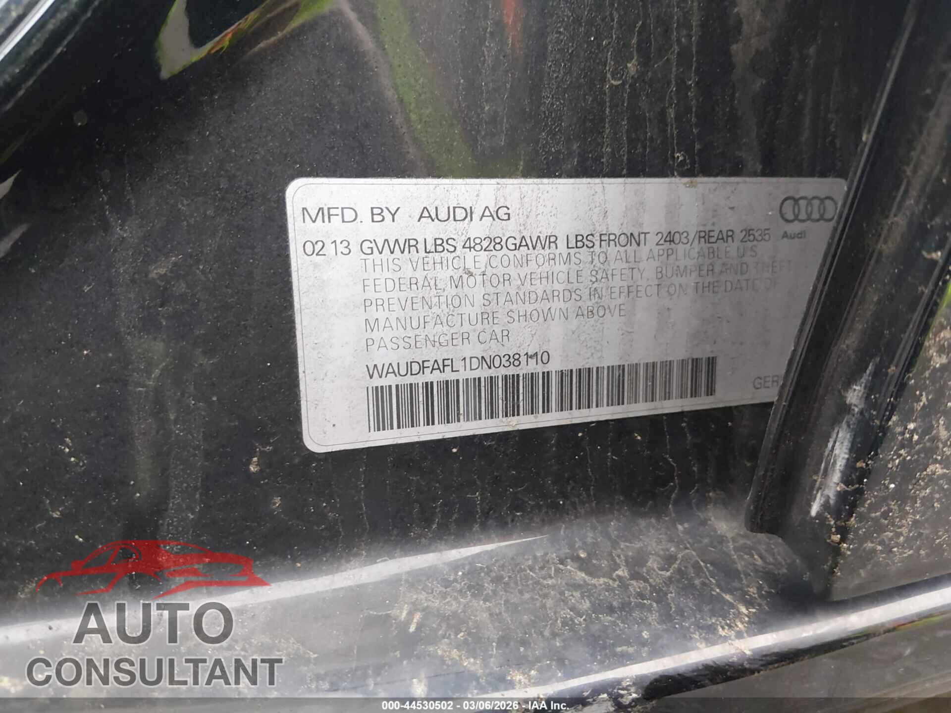 AUDI A4 2013 - WAUDFAFL1DN038110