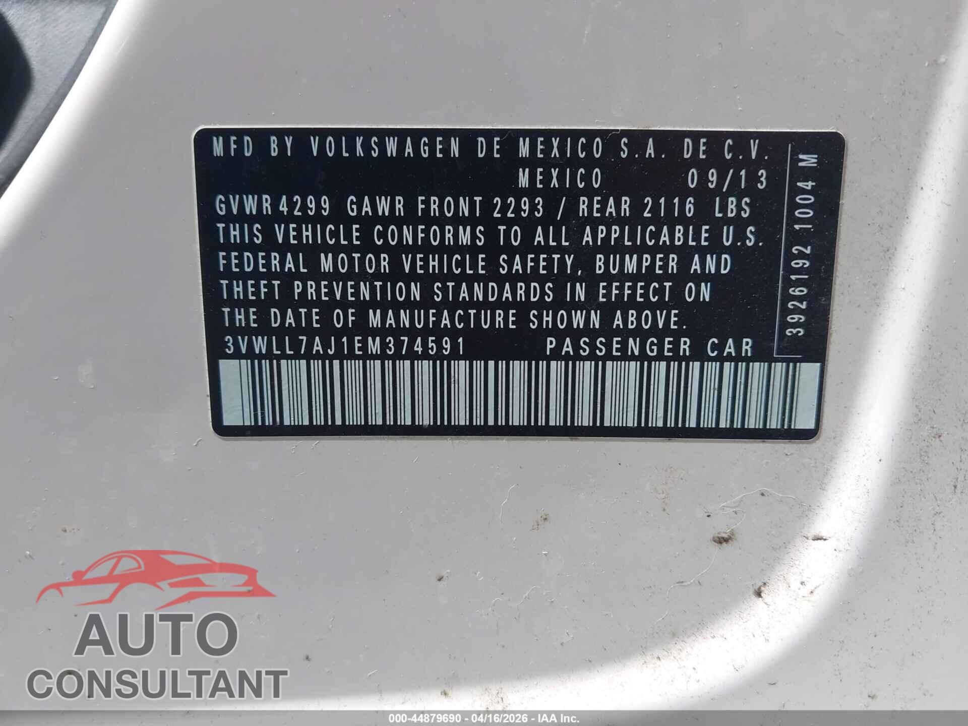 VOLKSWAGEN JETTA 2014 - 3VWLL7AJ1EM374591