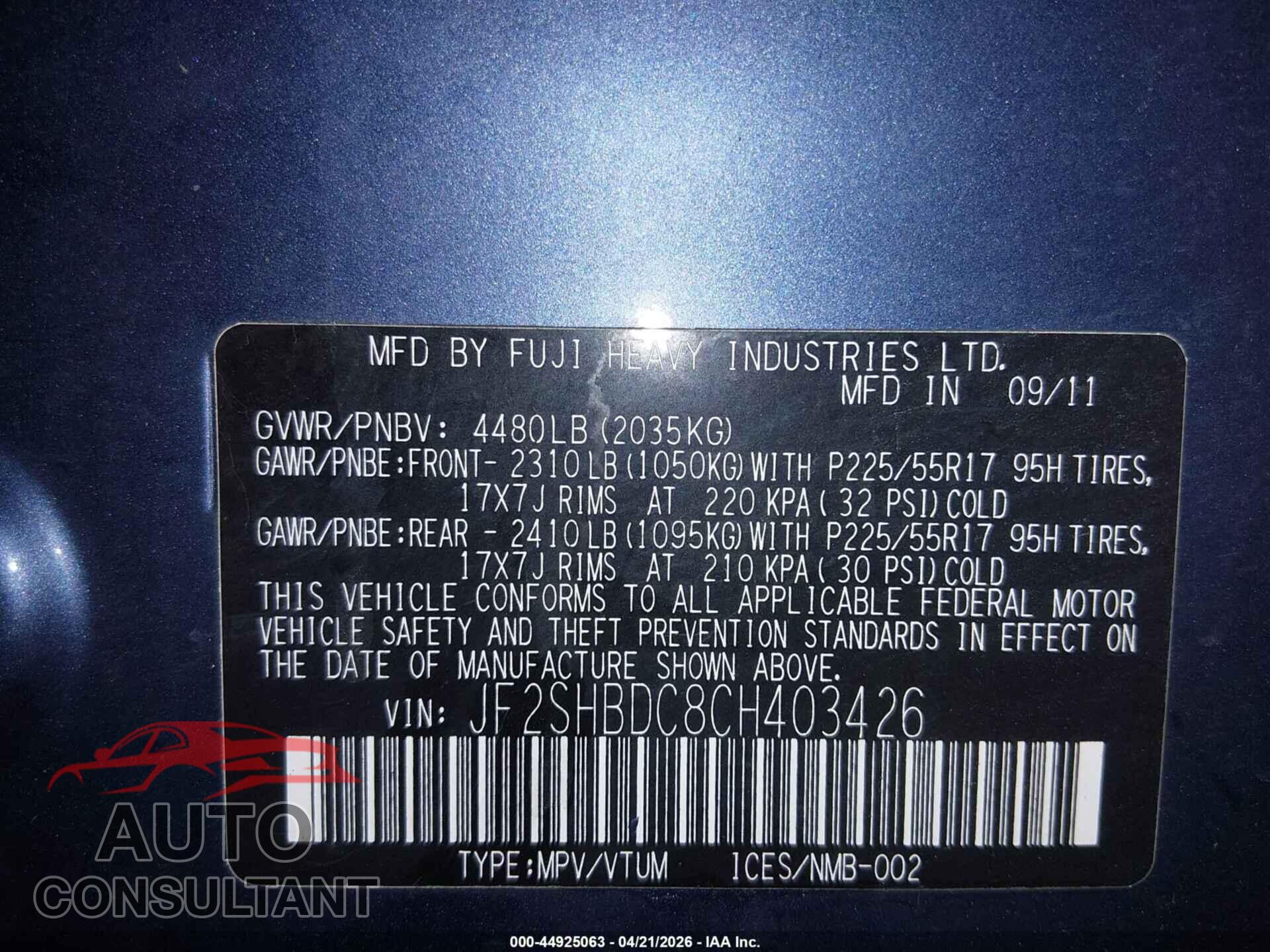 SUBARU FORESTER 2012 - JF2SHBDC8CH403426