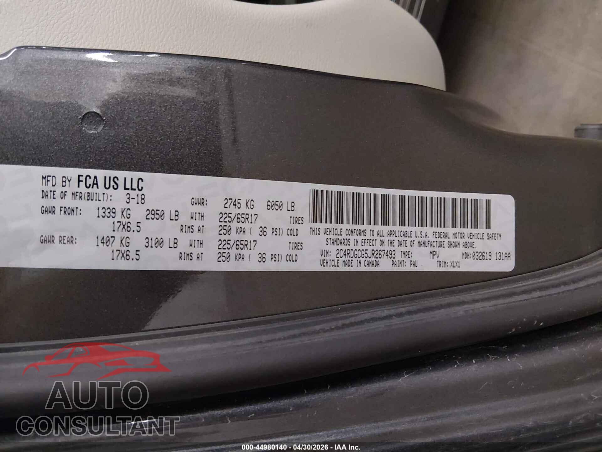DODGE GRAND CARAVAN 2018 - 2C4RDGCG5JR267493