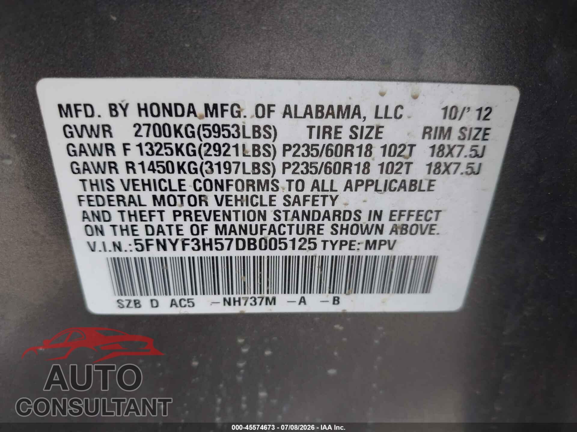 HONDA PILOT 2013 - 5FNYF3H57DB005125