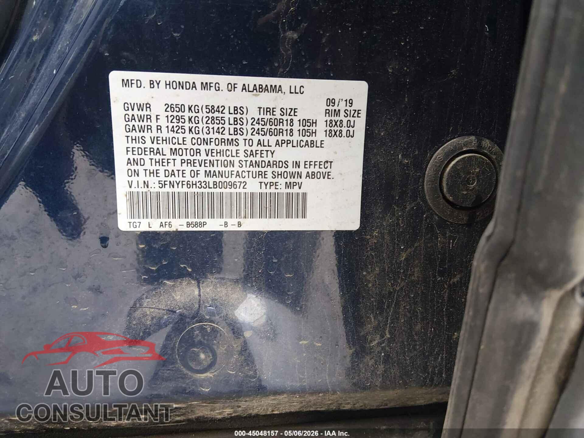HONDA PILOT 2020 - 5FNYF6H33LB009672