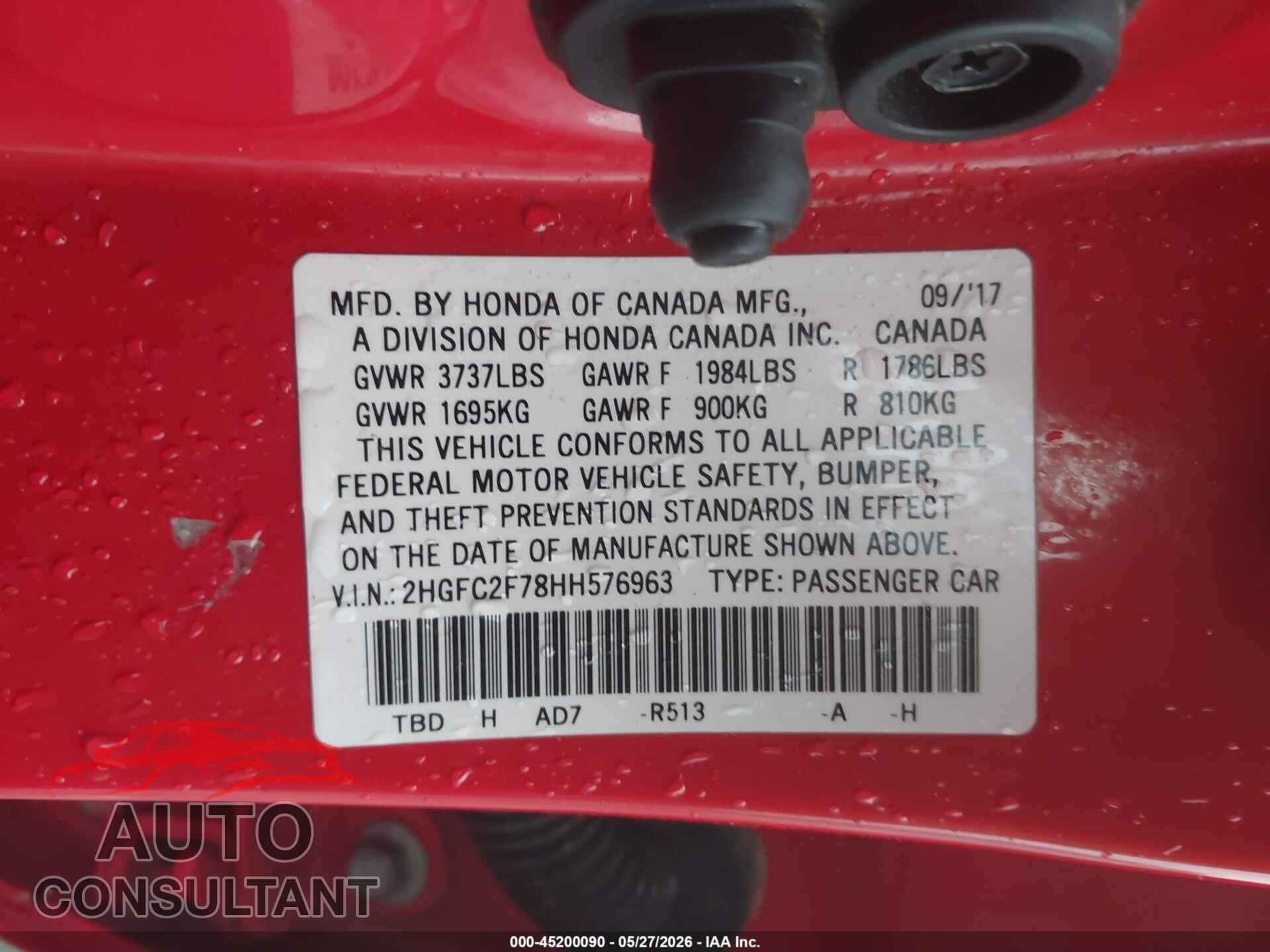 HONDA CIVIC 2017 - 2HGFC2F78HH576963