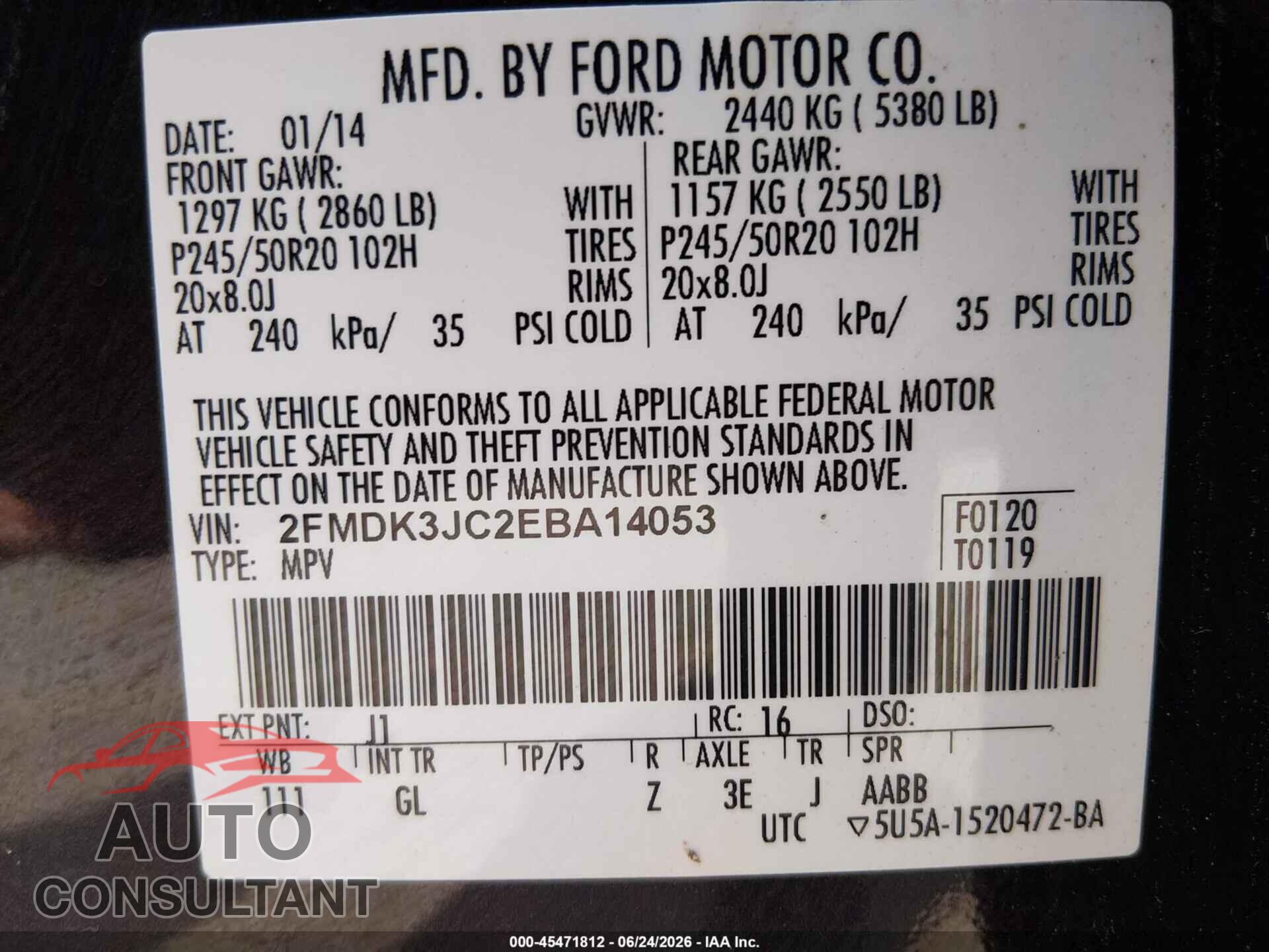 FORD EDGE 2014 - 2FMDK3JC2EBA14053