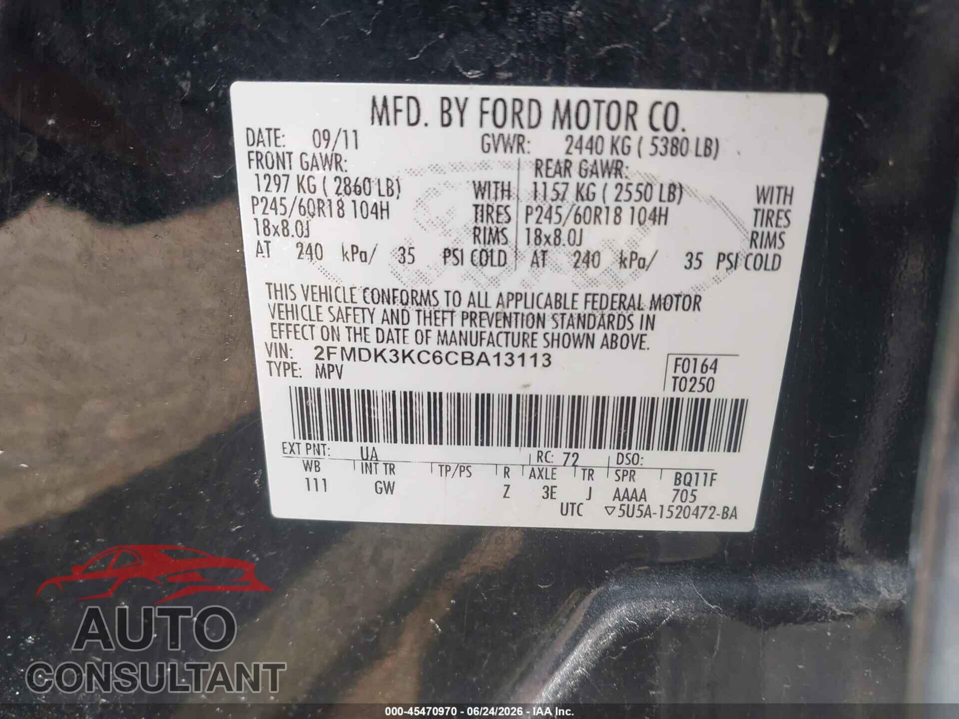 FORD EDGE 2012 - 2FMDK3KC6CBA13113