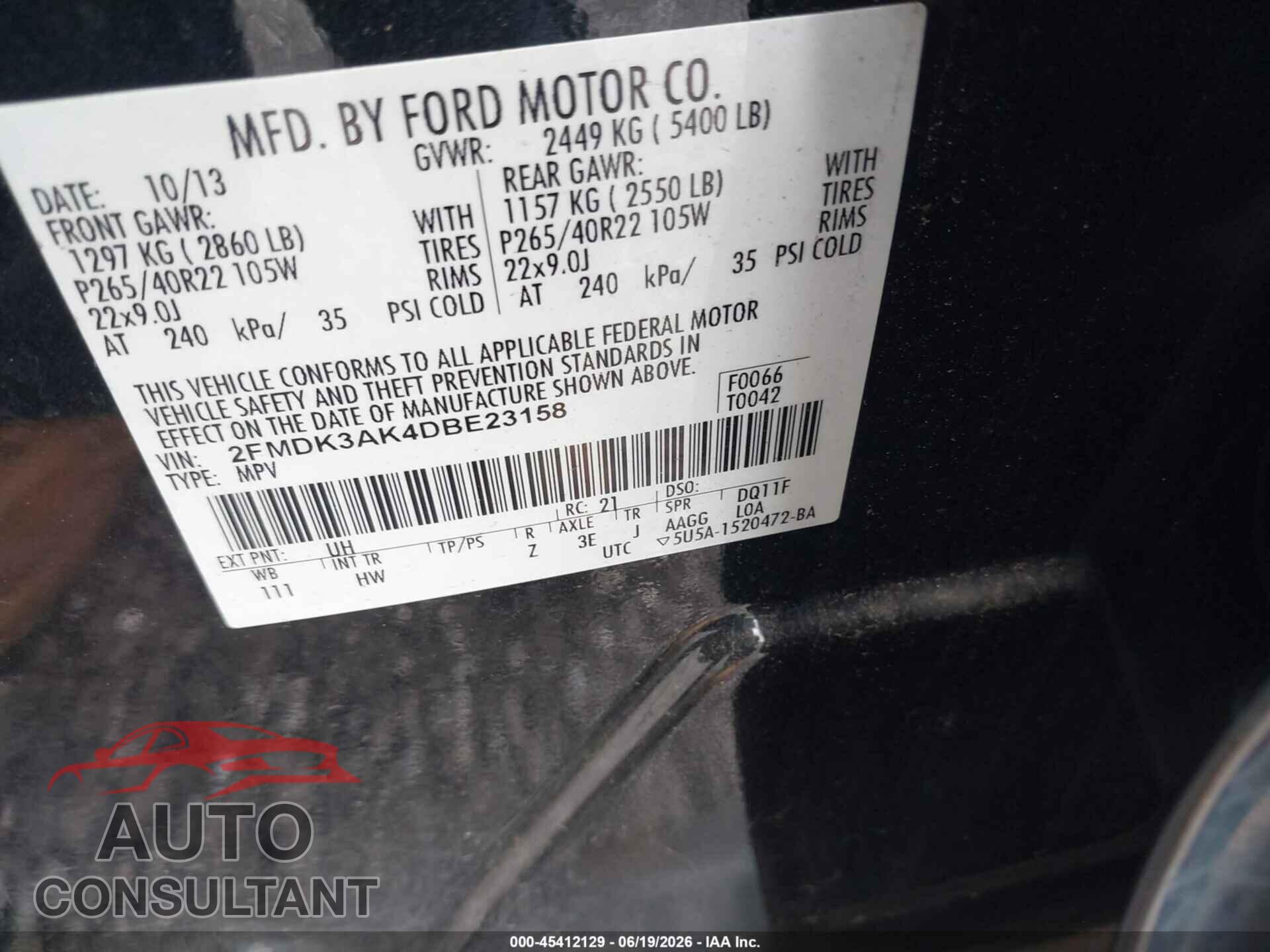 FORD EDGE 2013 - 2FMDK3AK4DBE23158