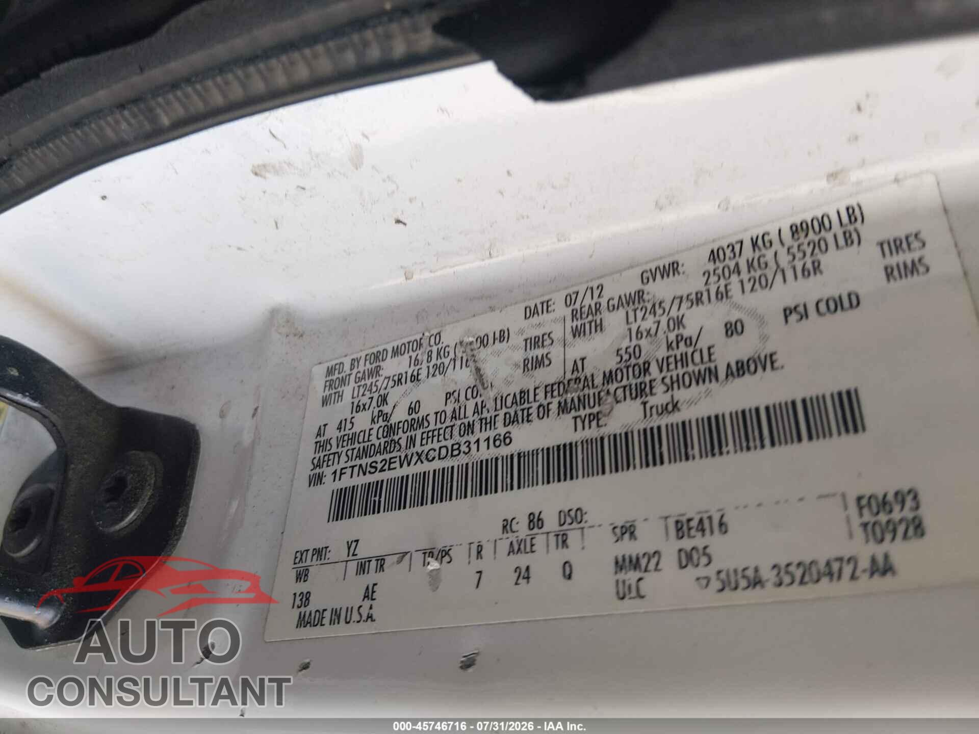 FORD E-250 2012 - 1FTNS2EWXCDB31166