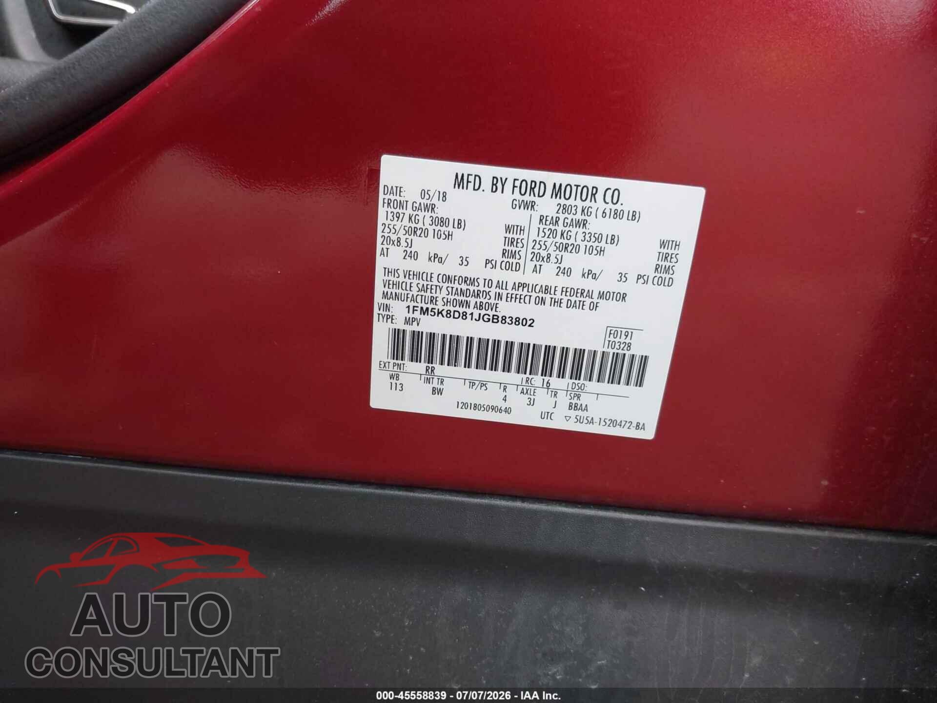 FORD EXPLORER 2018 - 1FM5K8D81JGB83802