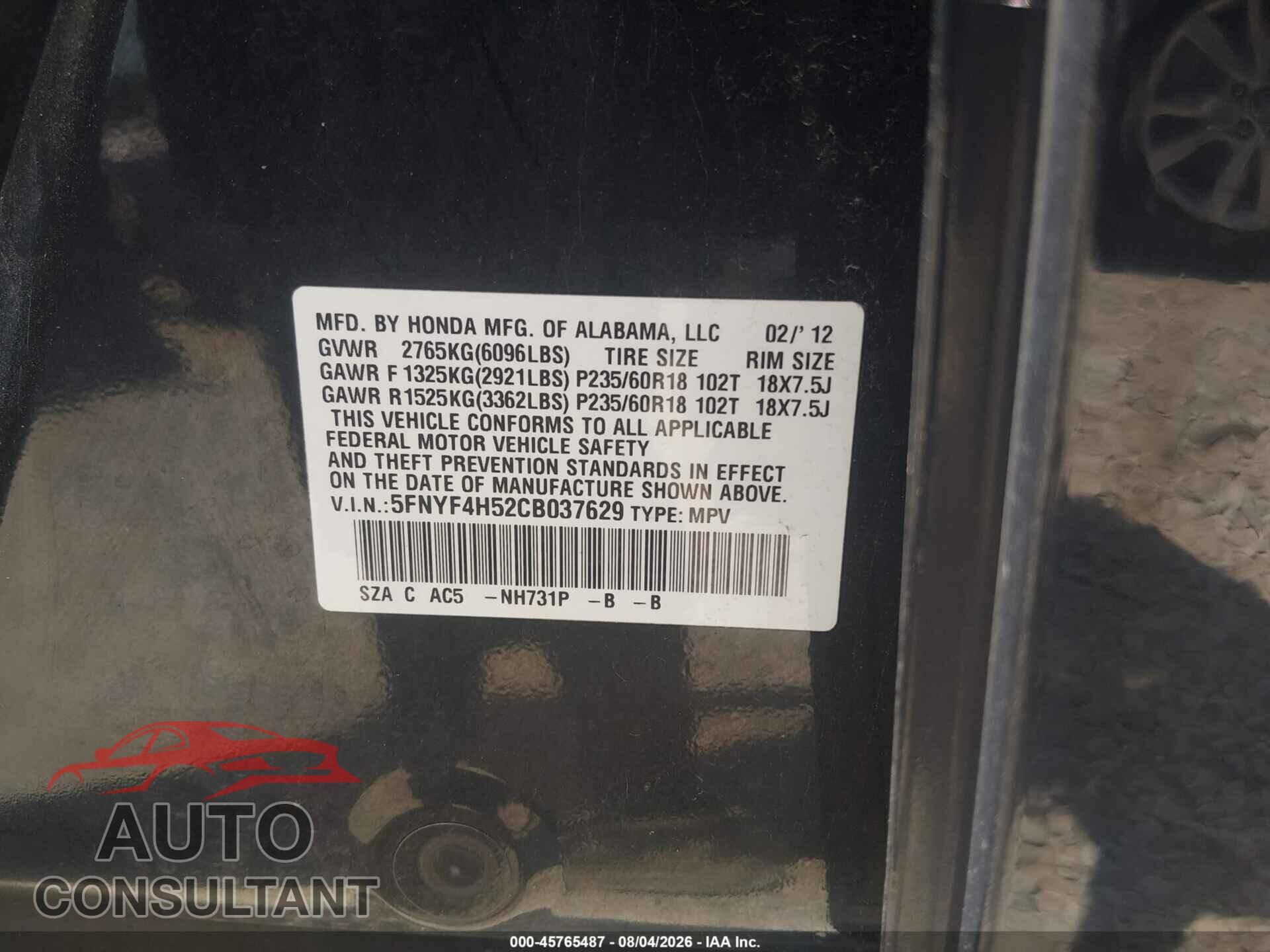 HONDA PILOT 2012 - 5FNYF4H52CB037629