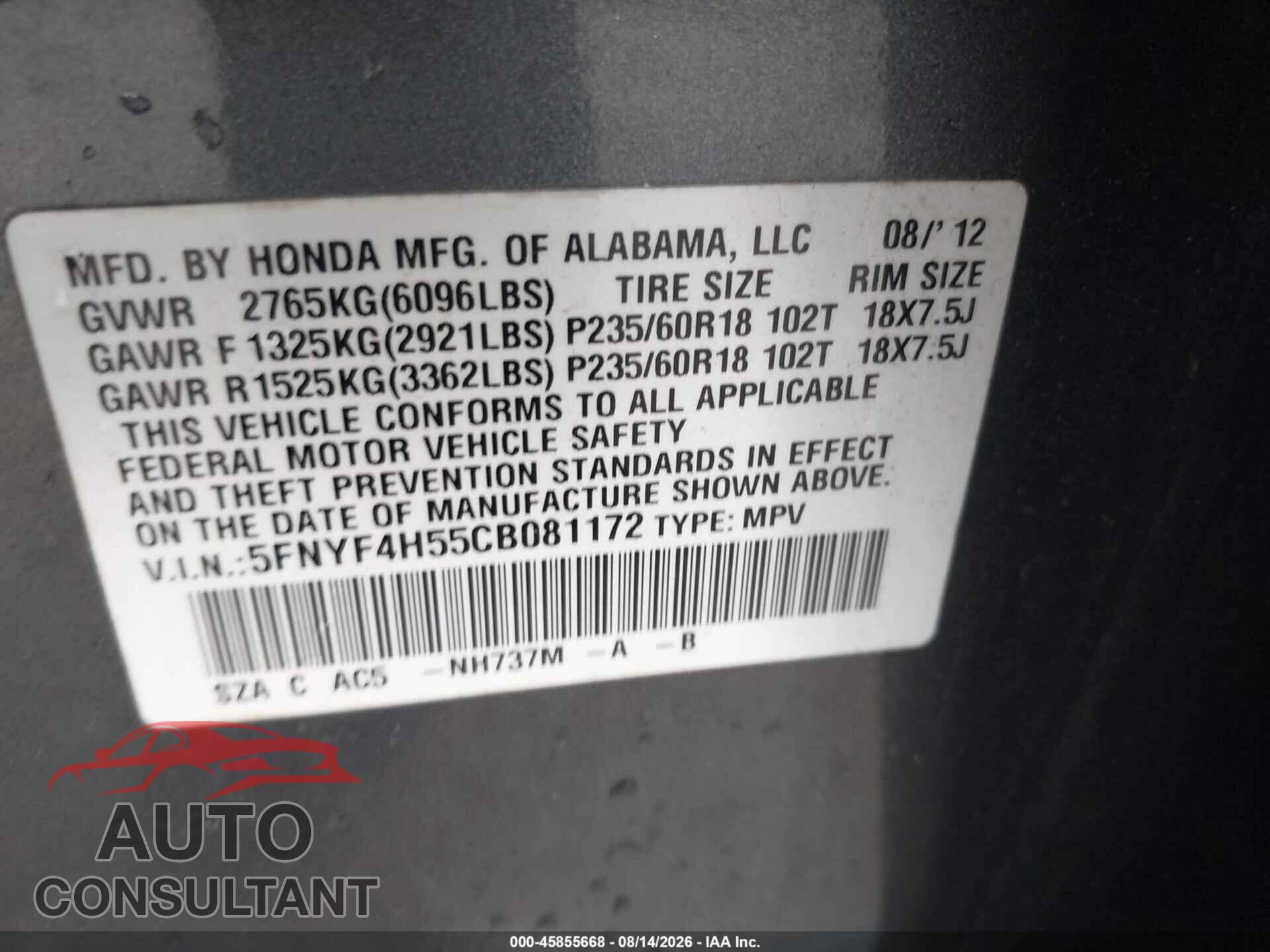 HONDA PILOT 2012 - 5FNYF4H55CB081172