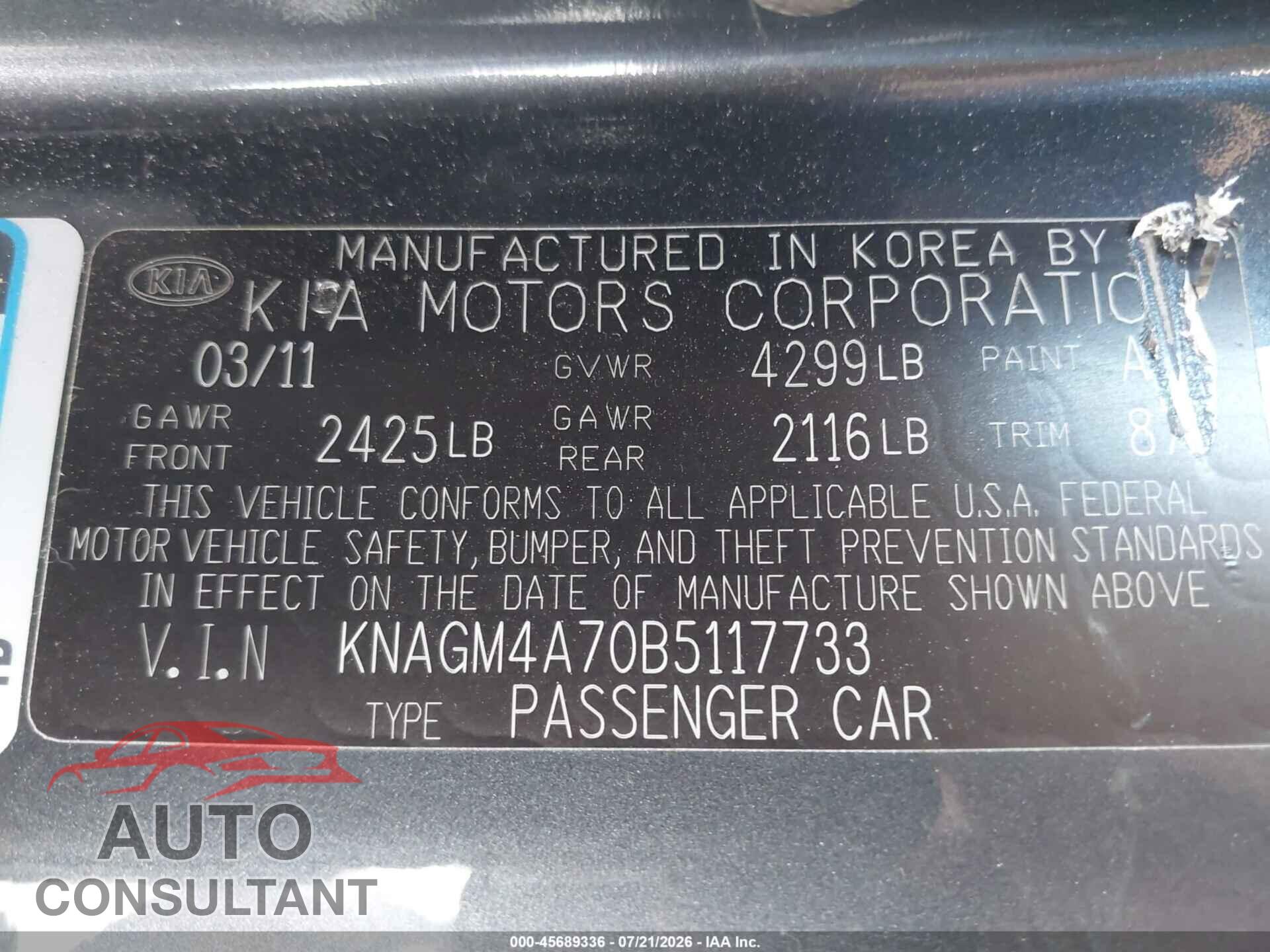 KIA OPTIMA 2011 - KNAGM4A70B5117733