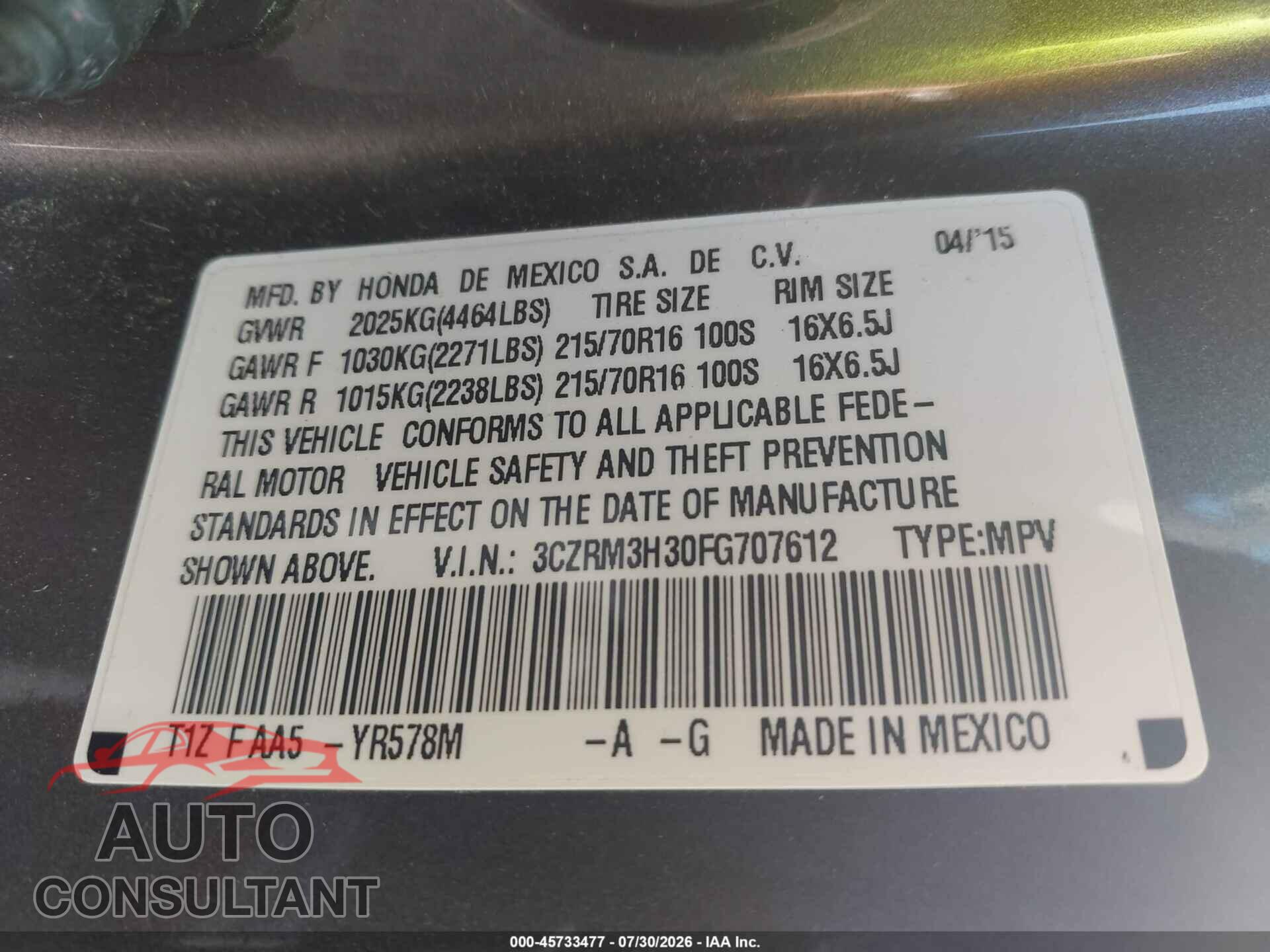 HONDA CR-V 2015 - 3CZRM3H30FG707612