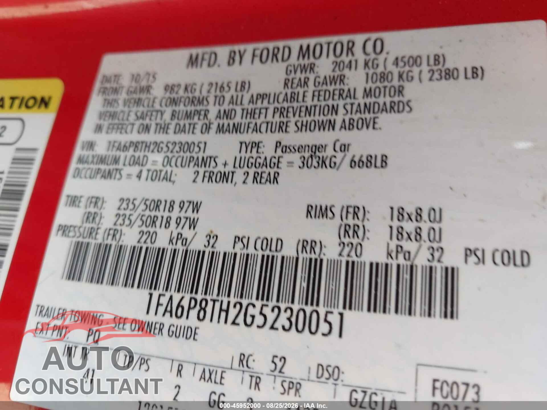 FORD MUSTANG 2016 - 1FA6P8TH2G5230051