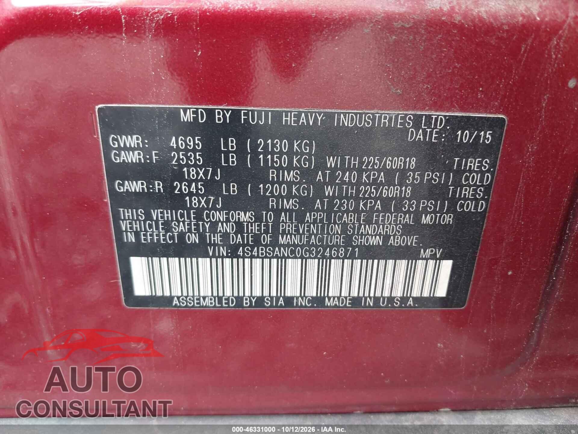 SUBARU OUTBACK 2016 - 4S4BSANC0G3246871