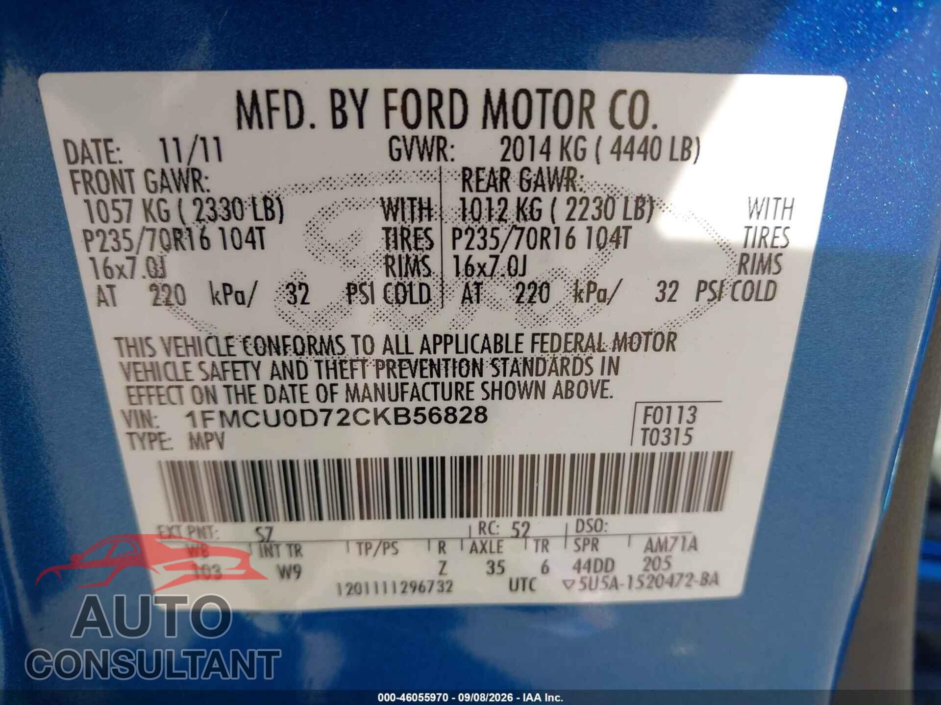 FORD ESCAPE 2012 - 1FMCU0D72CKB56828