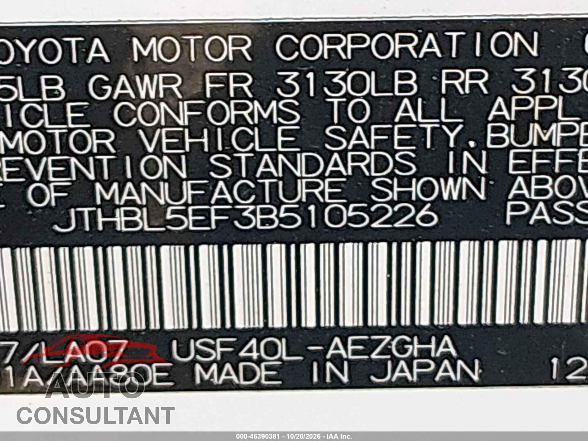 LEXUS LS 460 2011 - JTHBL5EF3B5105226