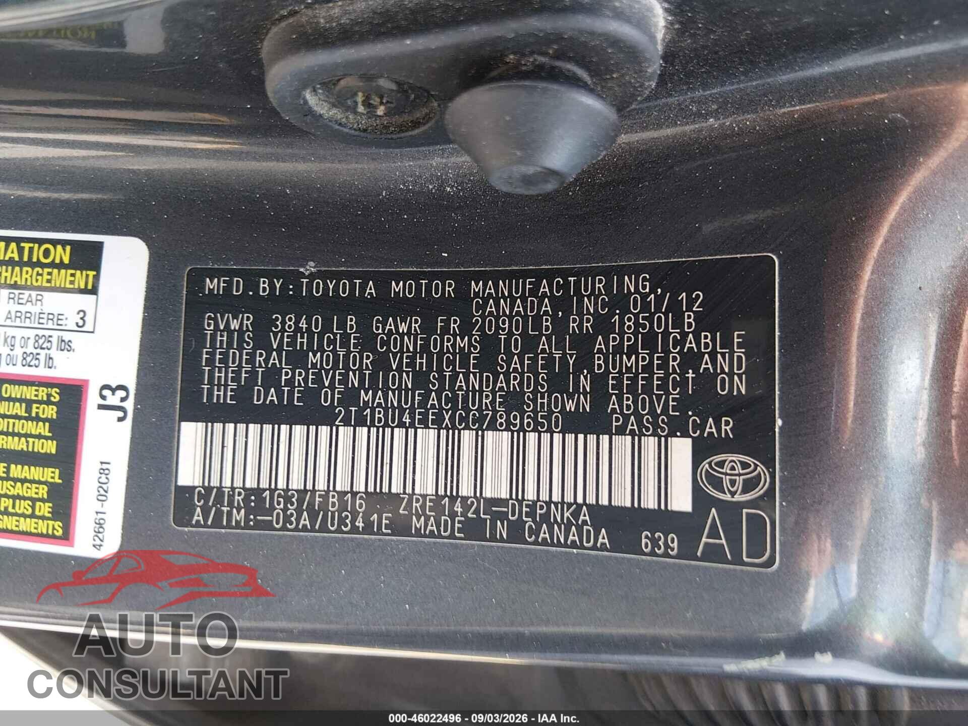 TOYOTA COROLLA 2012 - 2T1BU4EEXCC789650