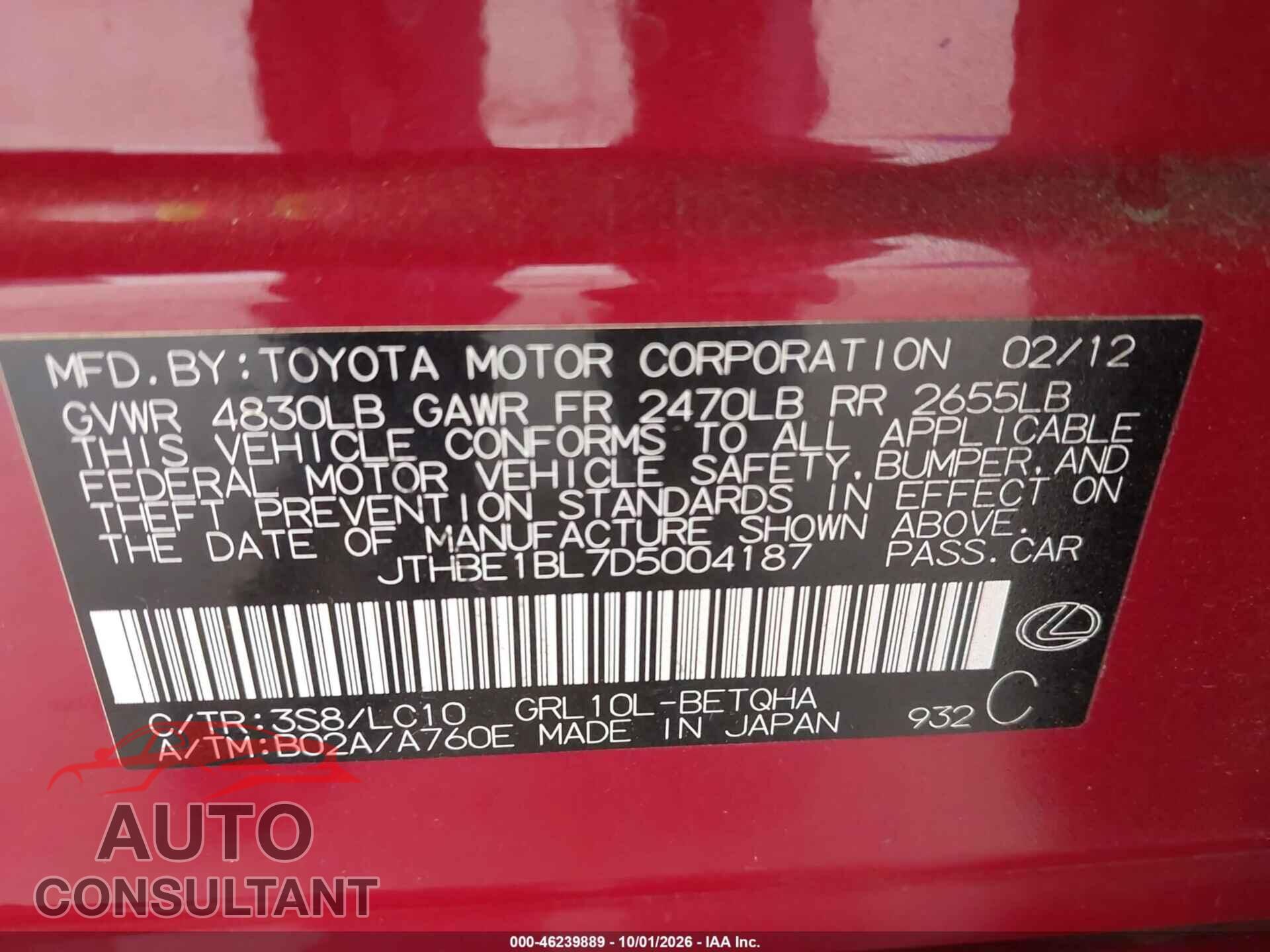 LEXUS GS 350 2013 - JTHBE1BL7D5004187
