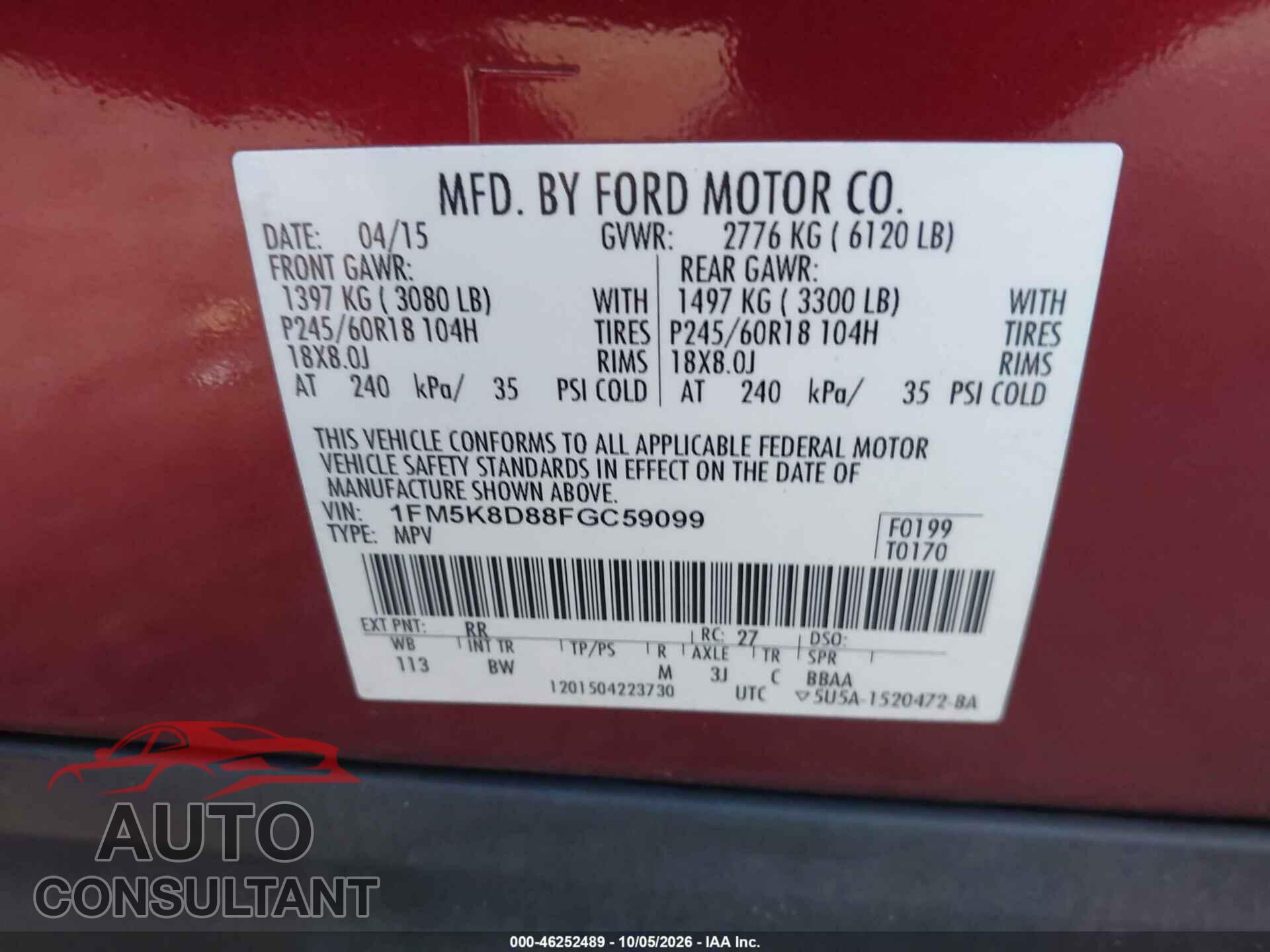 FORD EXPLORER 2015 - 1FM5K8D88FGC59099