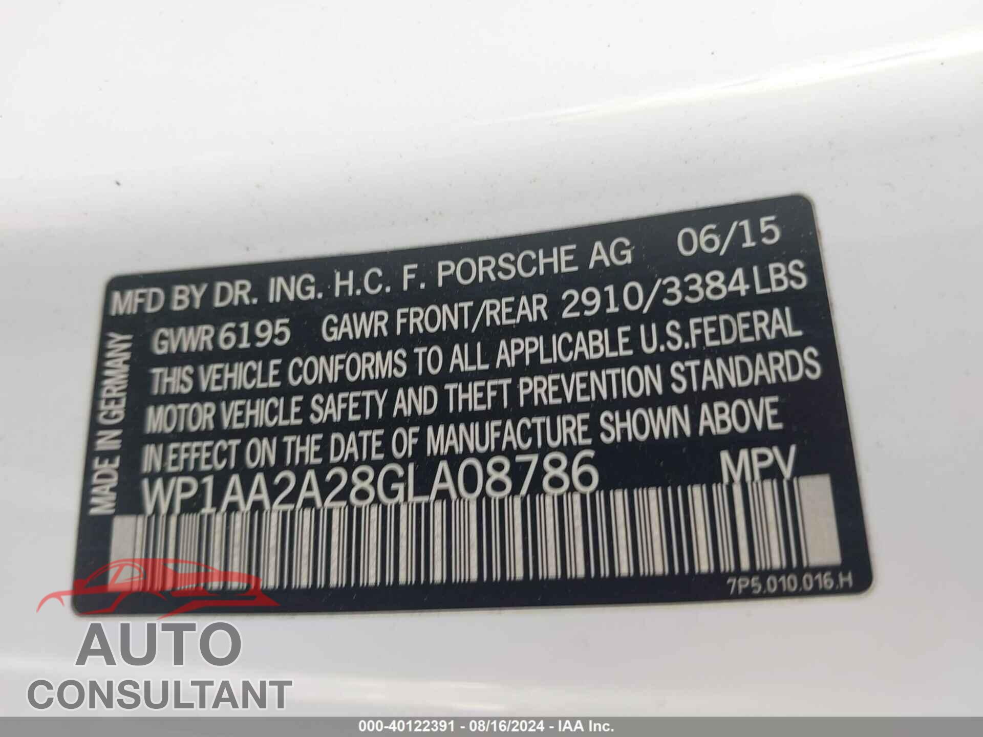 PORSCHE CAYENNE 2016 - WP1AA2A28GLA08786