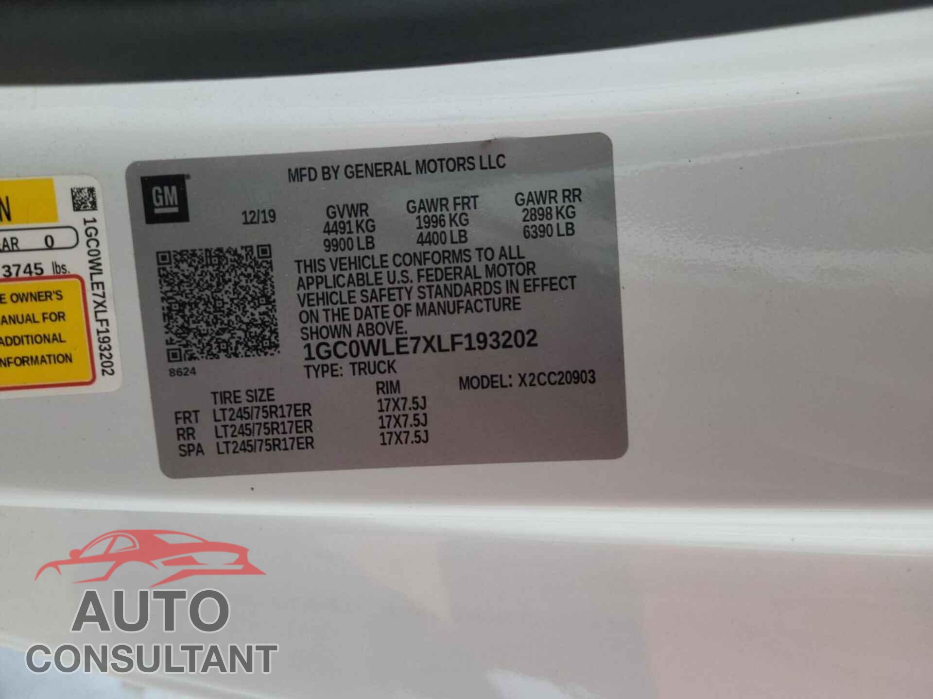 CHEVROLET SILVERADO 2020 - 1GC0WLE7XLF193202