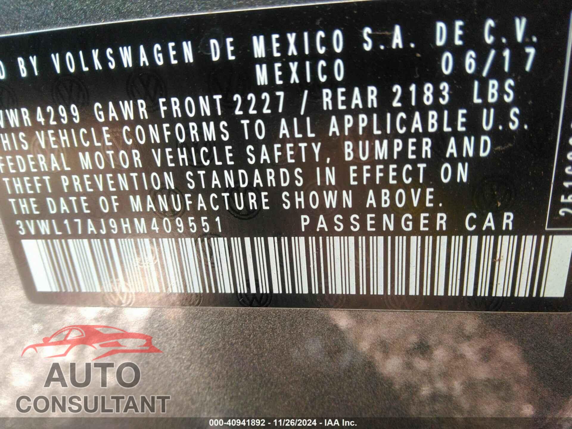 VOLKSWAGEN JETTA 2017 - 3VWL17AJ9HM409551