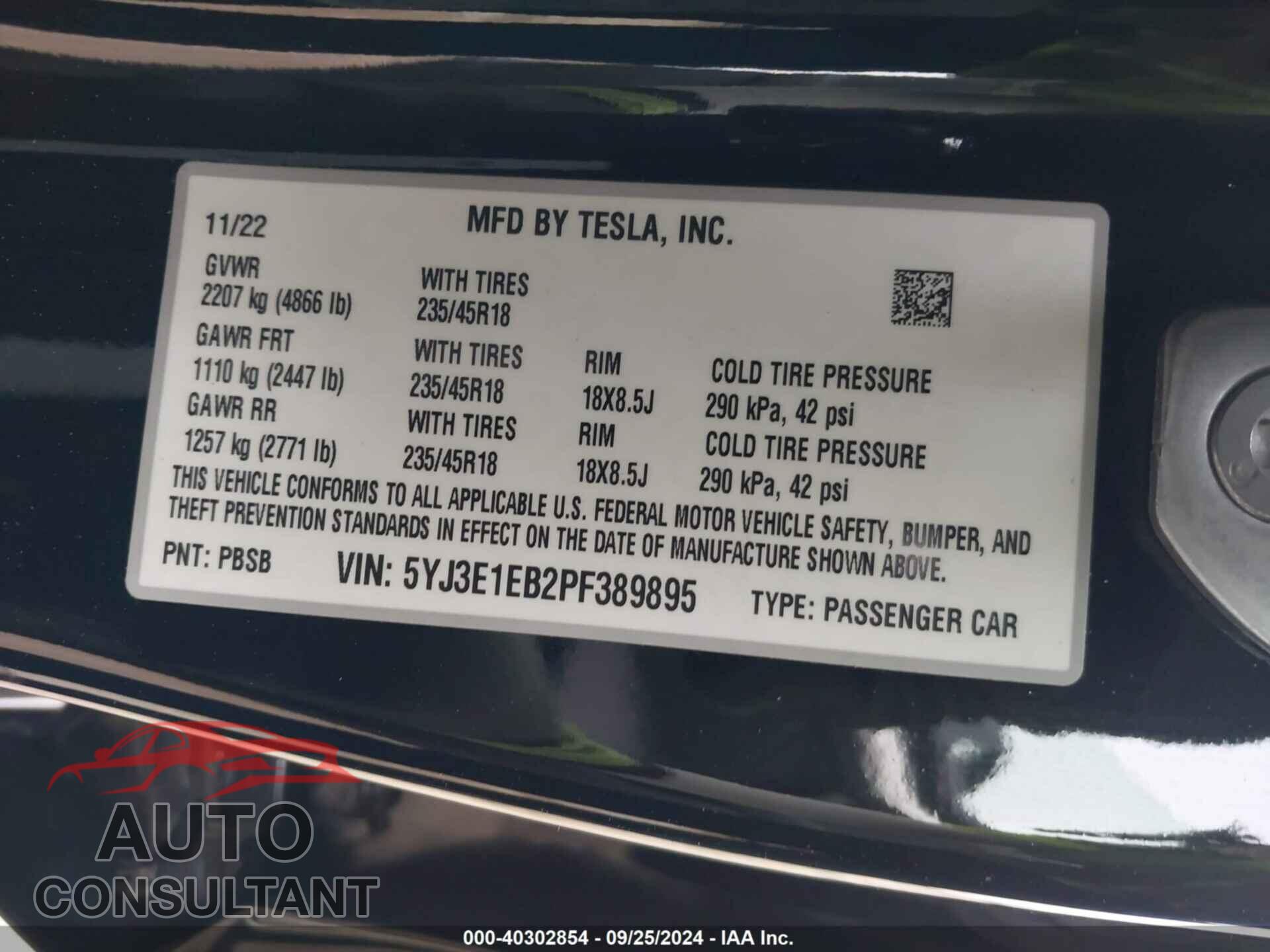TESLA MODEL 3 2023 - 5YJ3E1EB2PF389895
