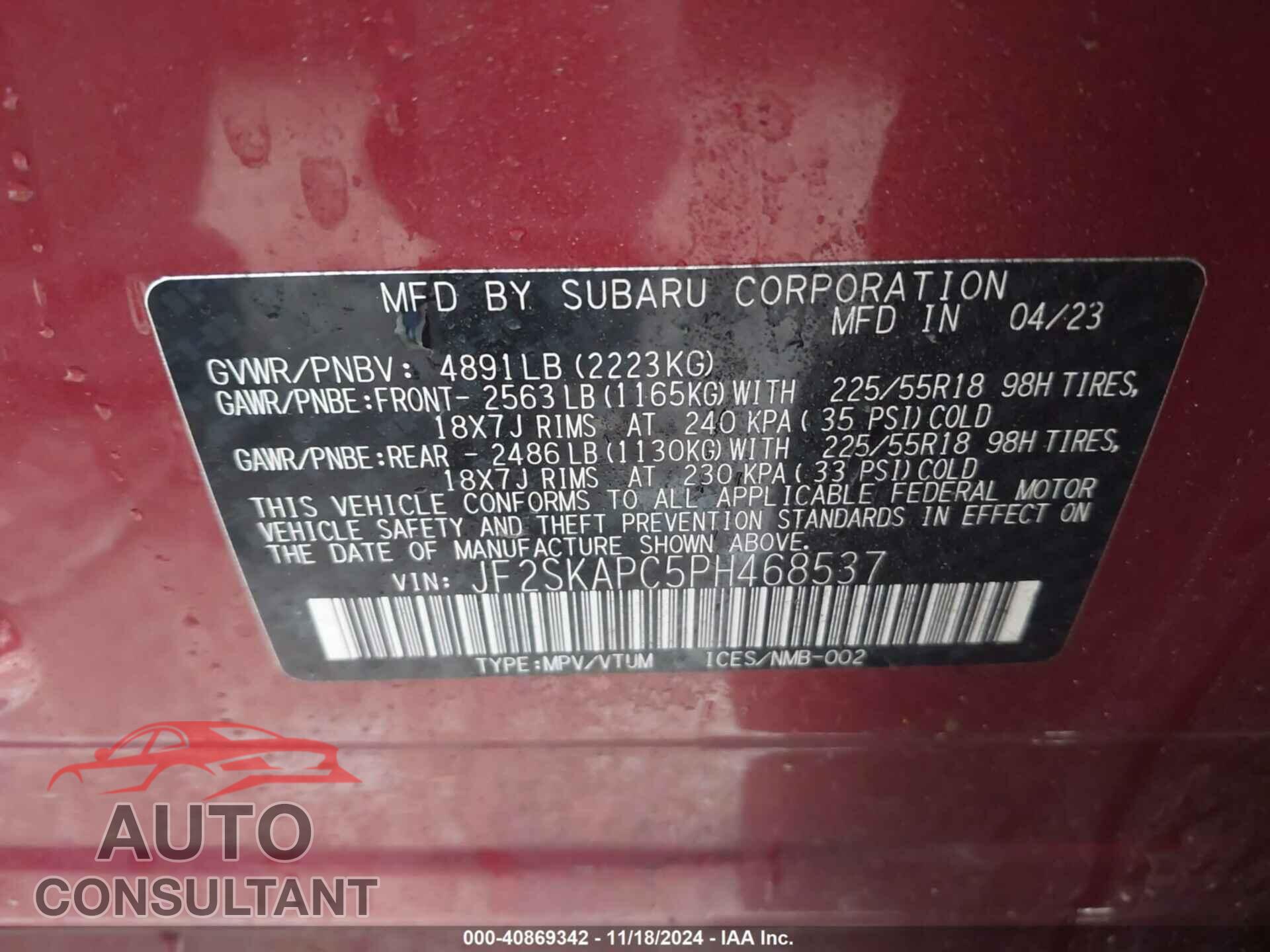 SUBARU FORESTER 2023 - JF2SKAPC5PH468537