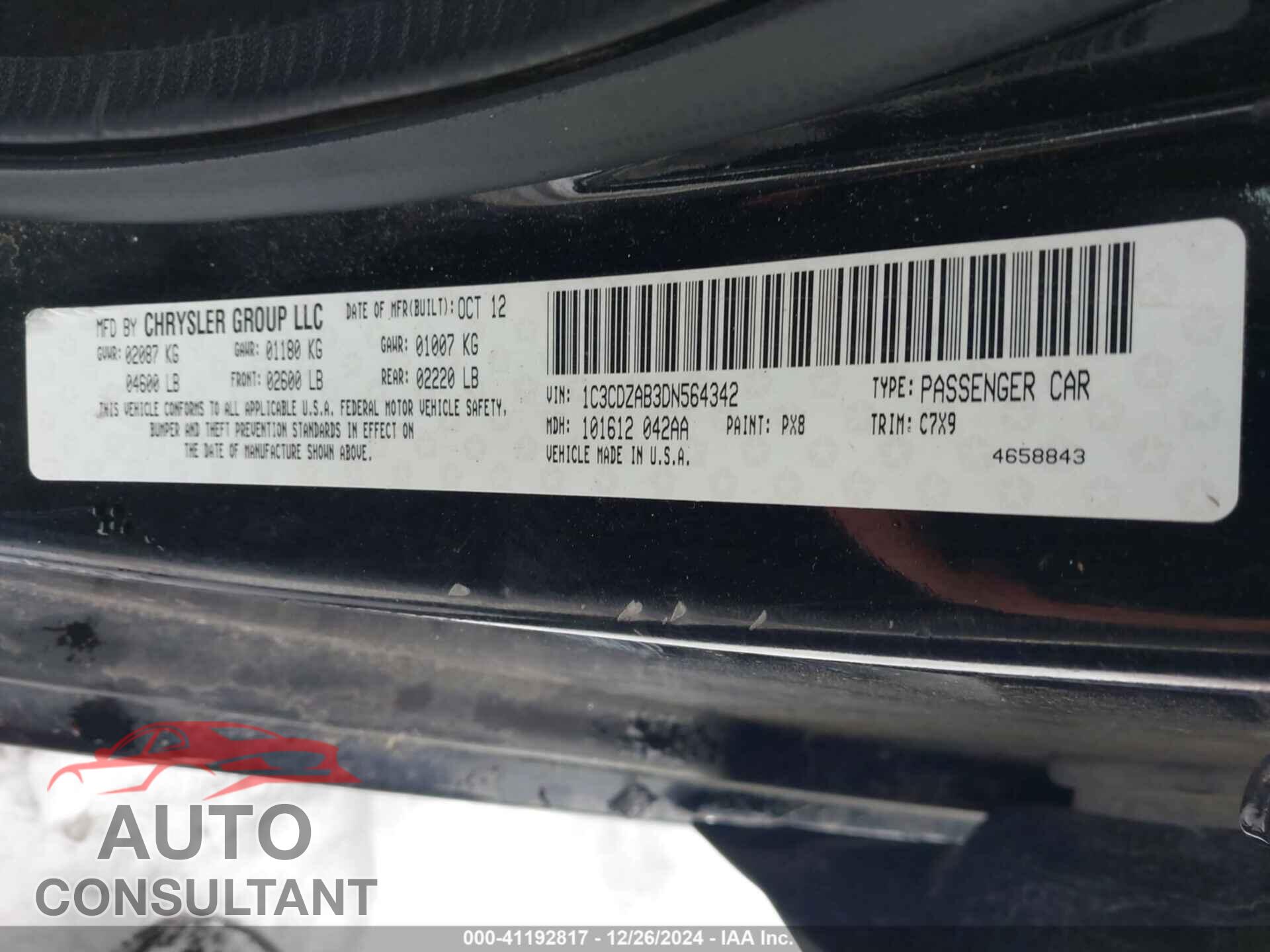 DODGE AVENGER 2013 - 1C3CDZAB3DN564342