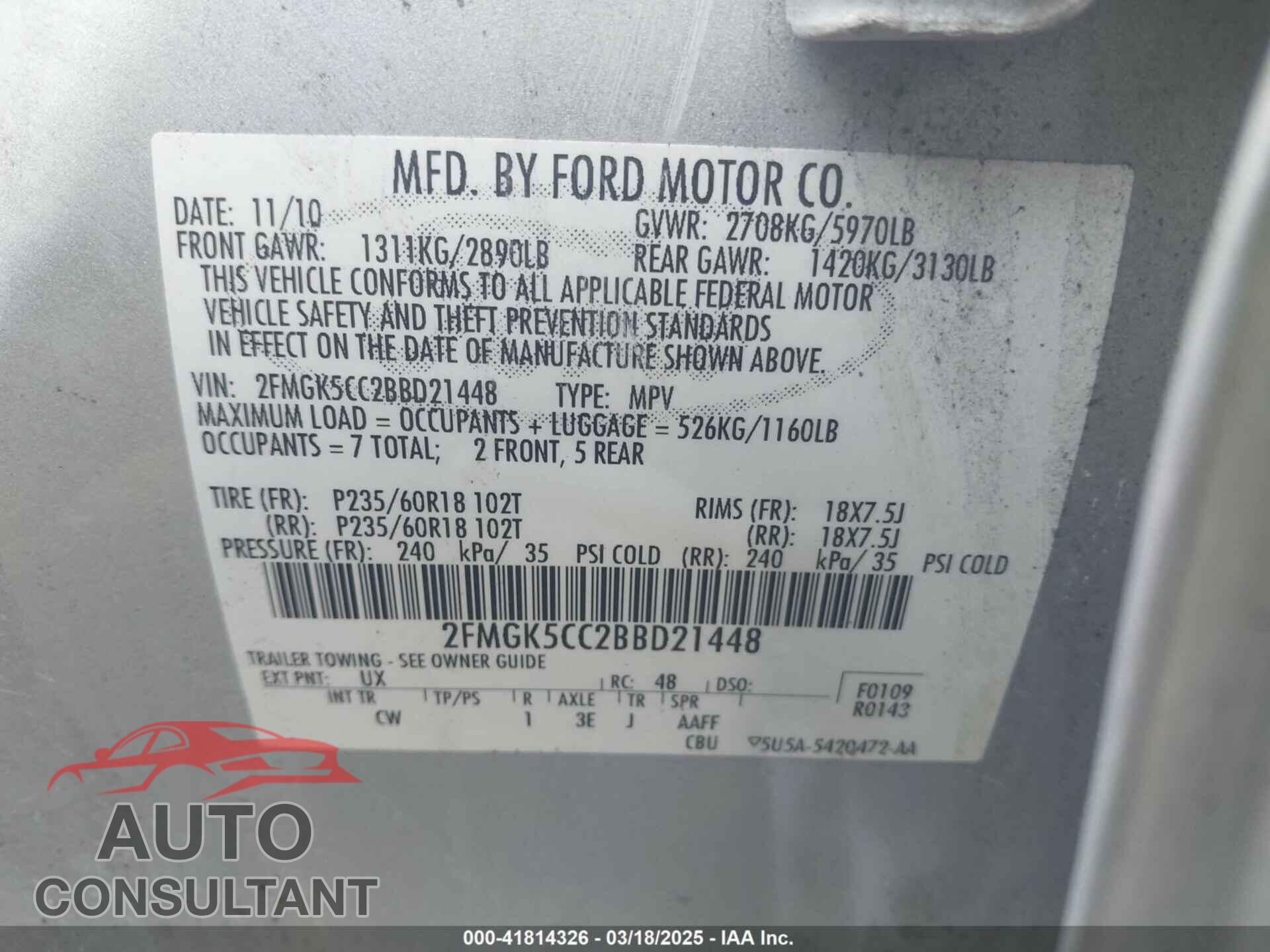 FORD FLEX 2011 - 2FMGK5CC2BBD21448