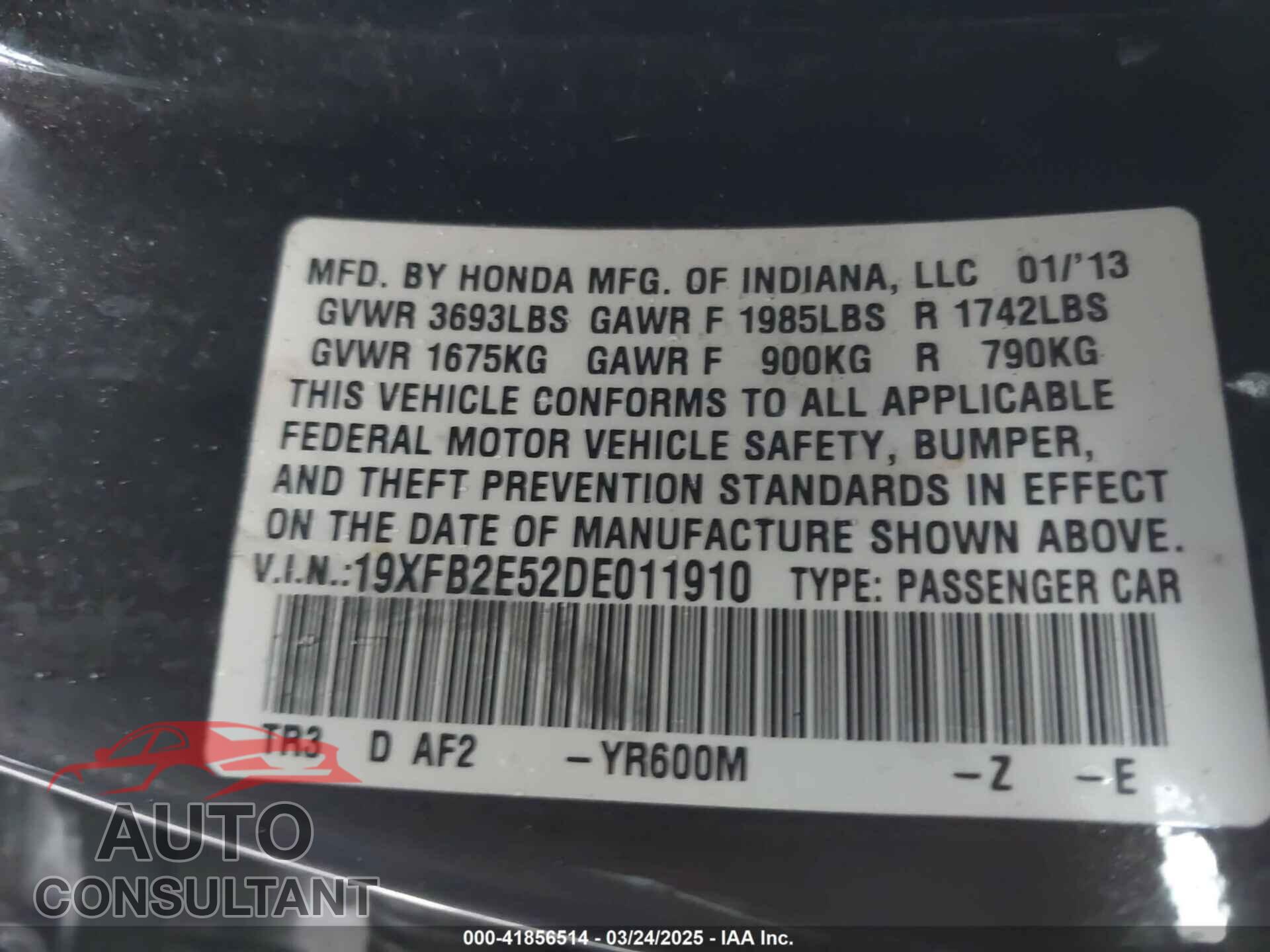 HONDA CIVIC 2013 - 19XFB2E52DE011910