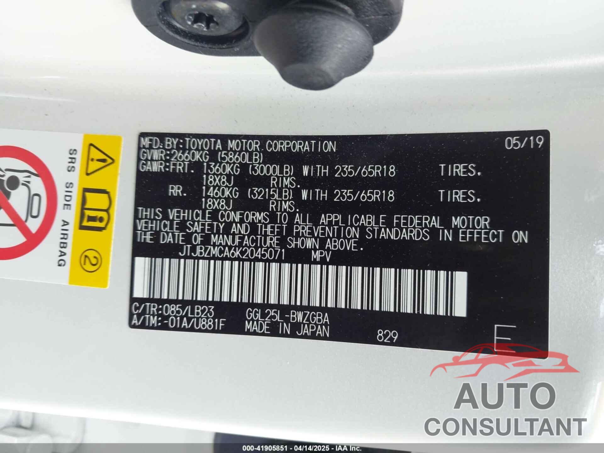 LEXUS RX 350 2019 - JTJBZMCA6K2045071